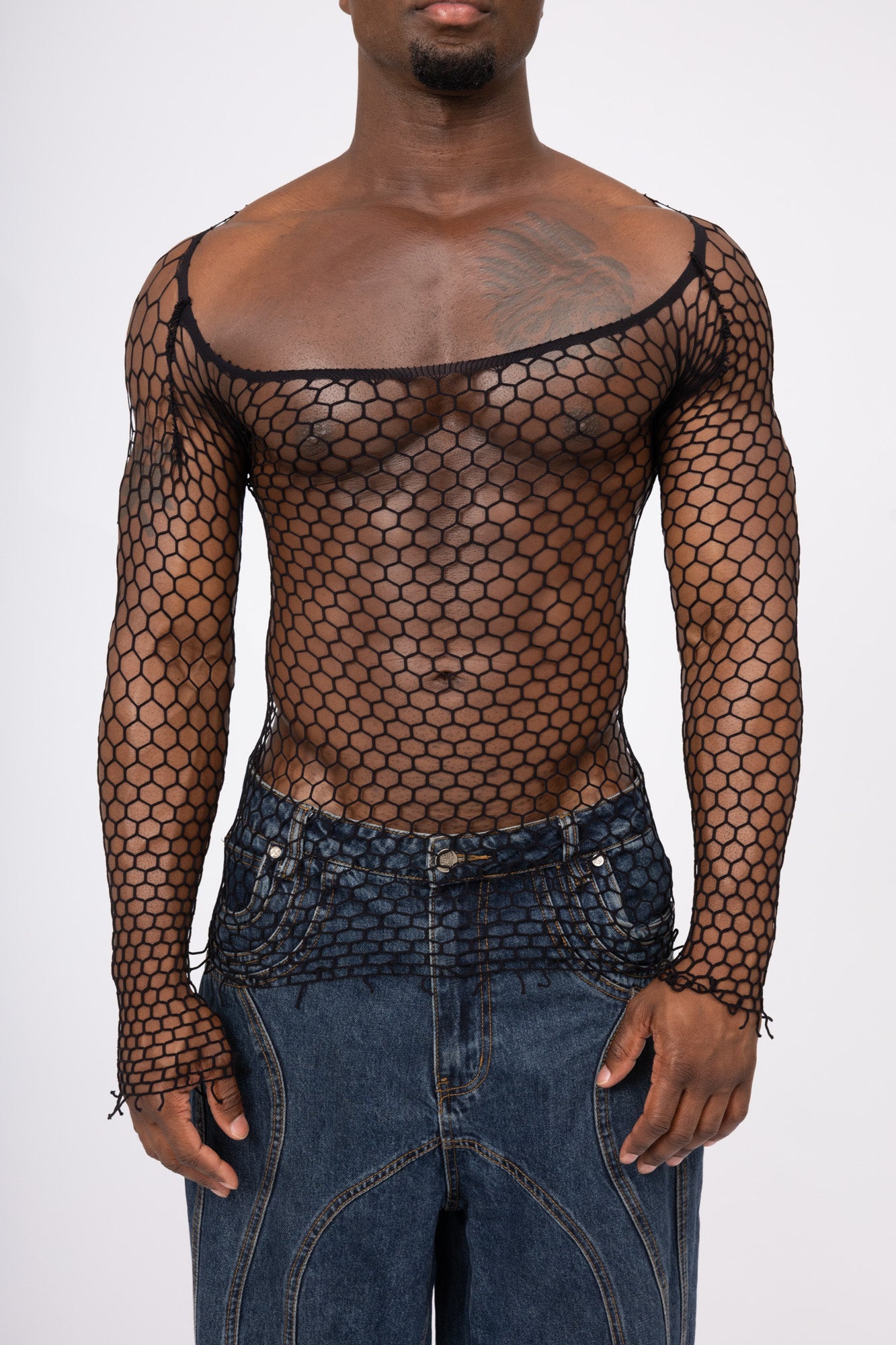 Blue Fishnet Mesh Body Sock Shirt Men Club Wear