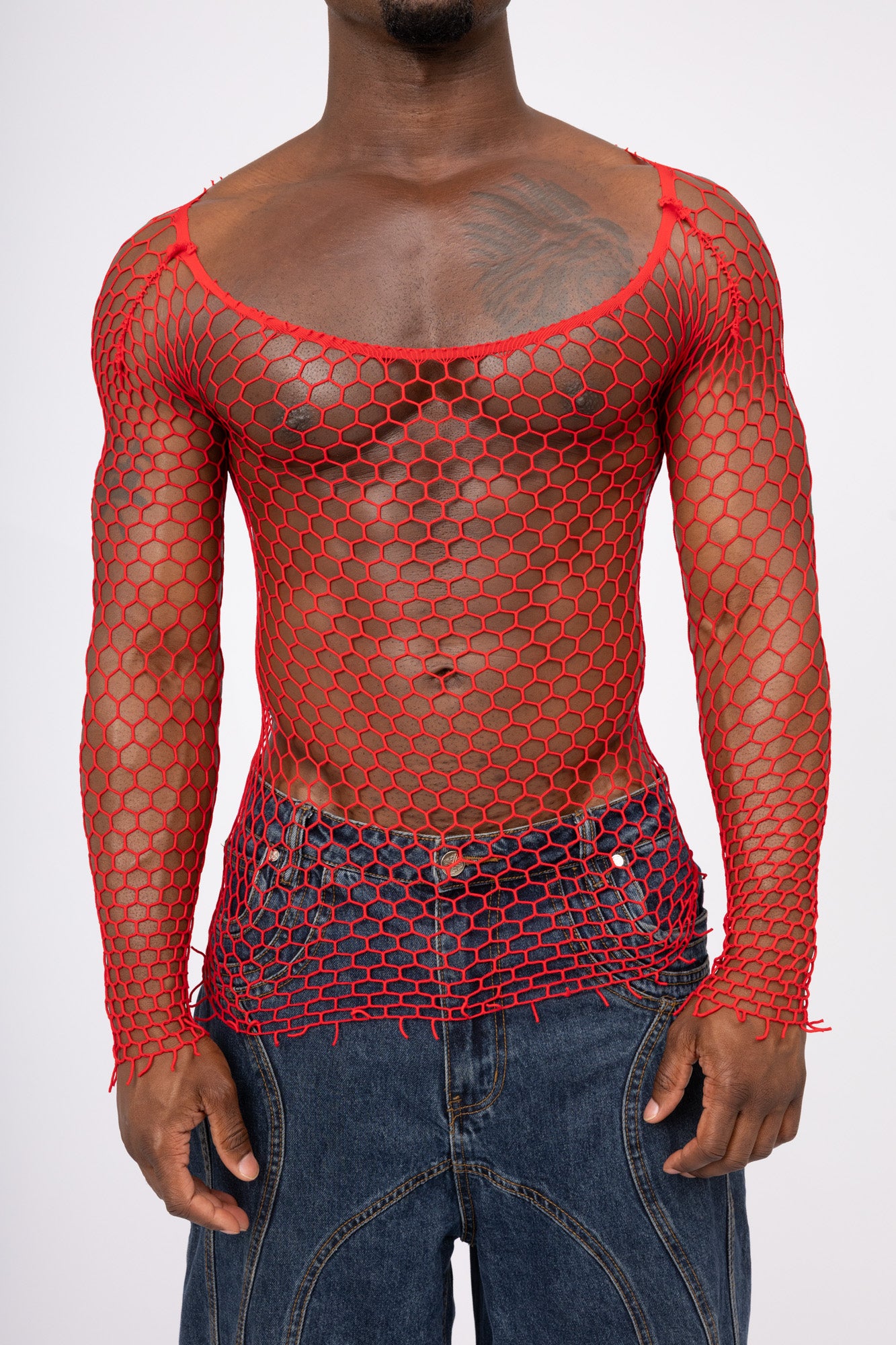 White Fishnet Mesh Body Sock Shirt Men Club Wear