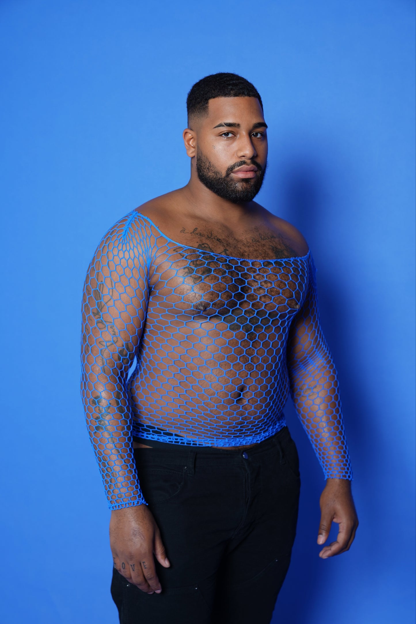 Men's White Mesh Fishnet Long Sleeve Body Sock See-through Shirt Top