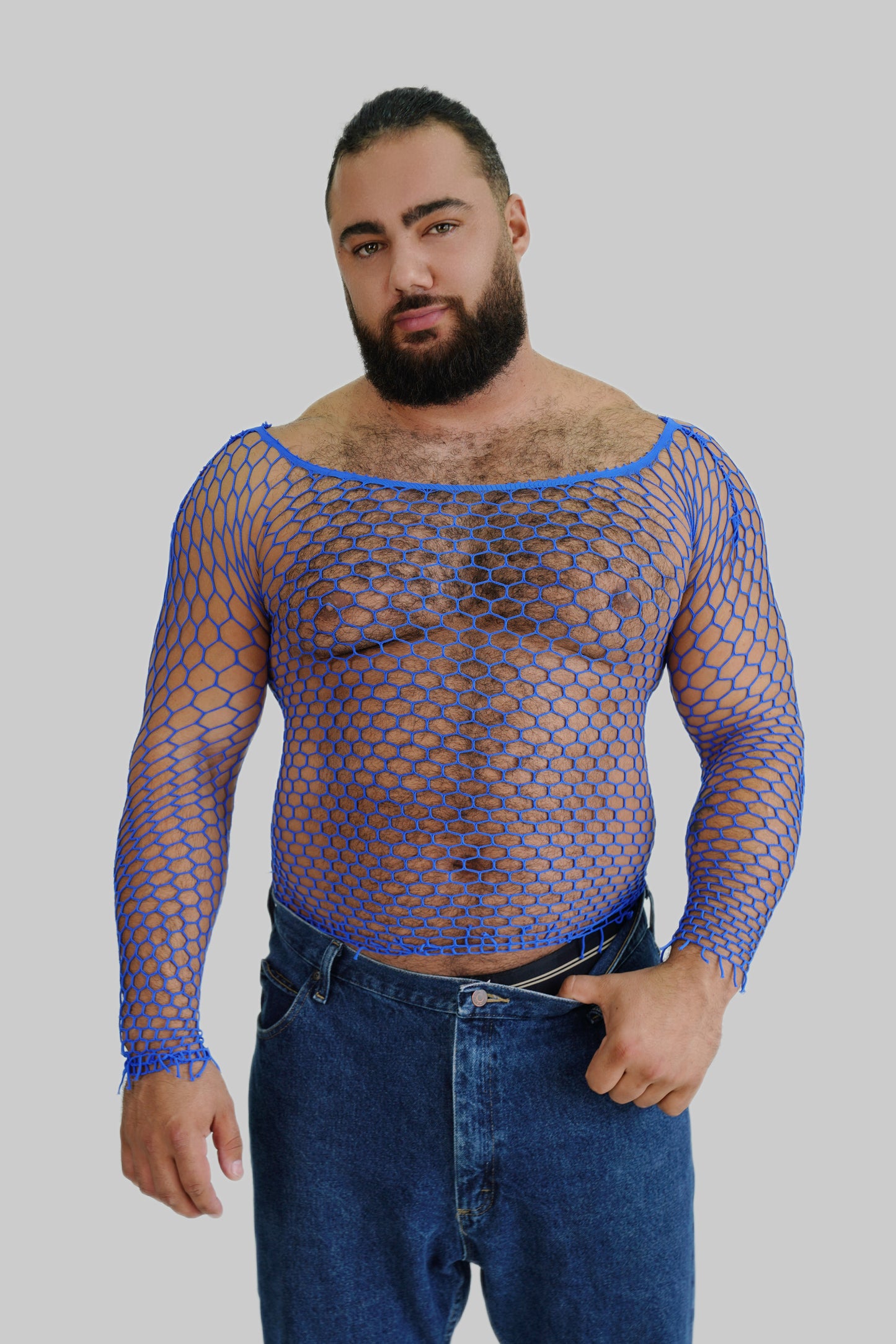Men's Blue Fishnet Mesh Long Sleeve Tee Tops Bodysuit Stretchable
