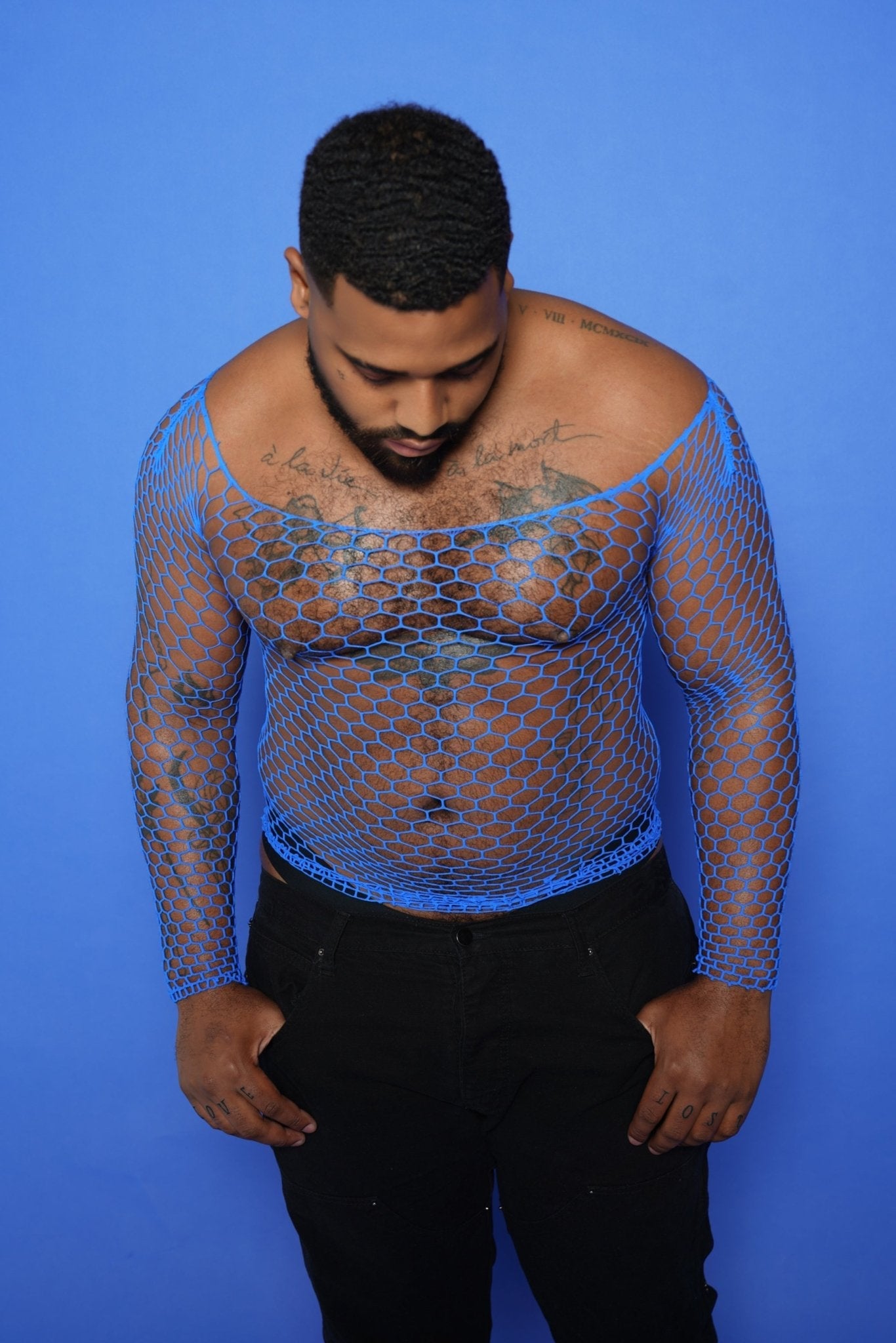 Blue Fishnet Mesh Bodysuit - TB - BondMenShirt