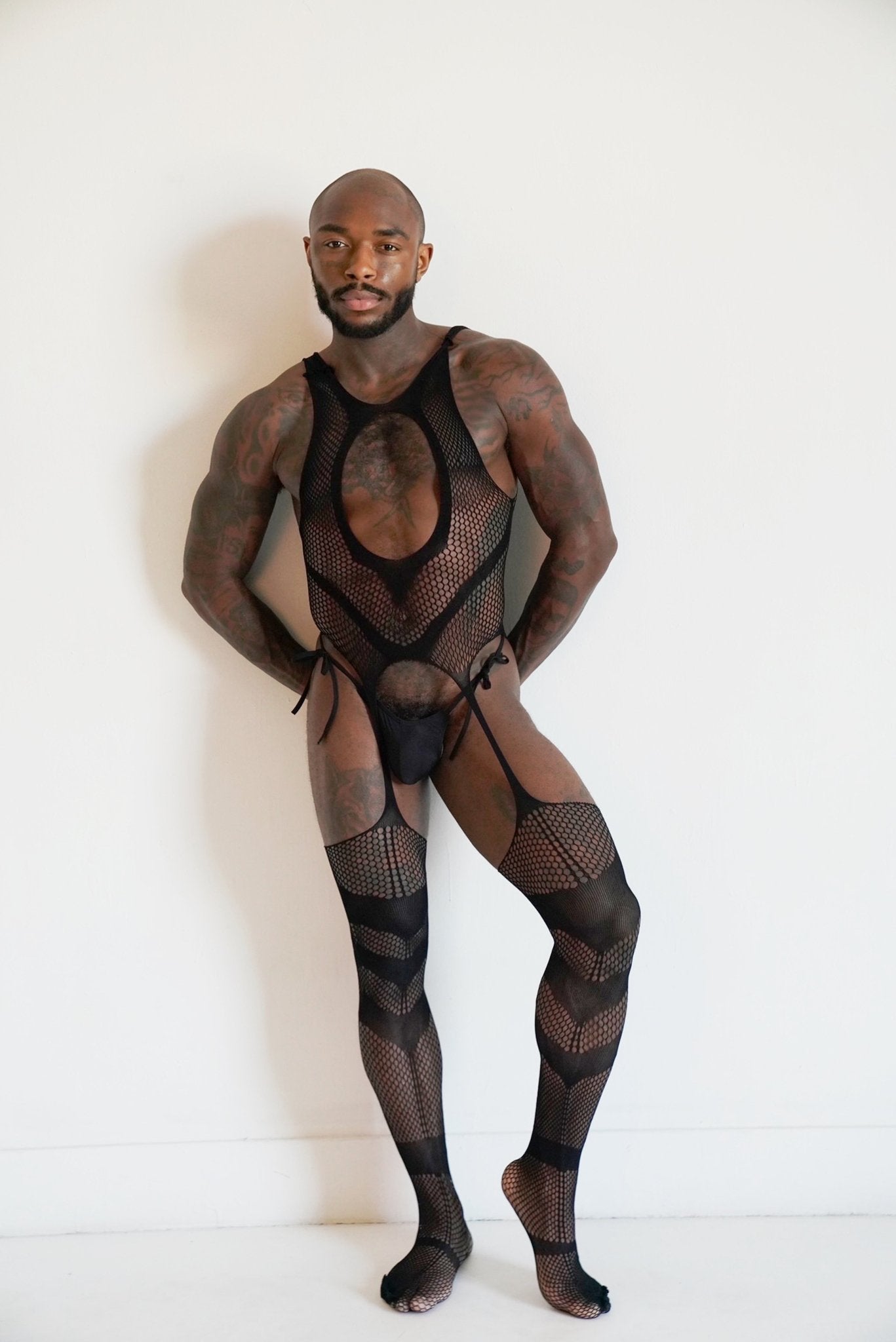 Men's Black Hollow V Fishnet Mesh See - through Bodysuit Stretchable - TB - BondMenBody Suit