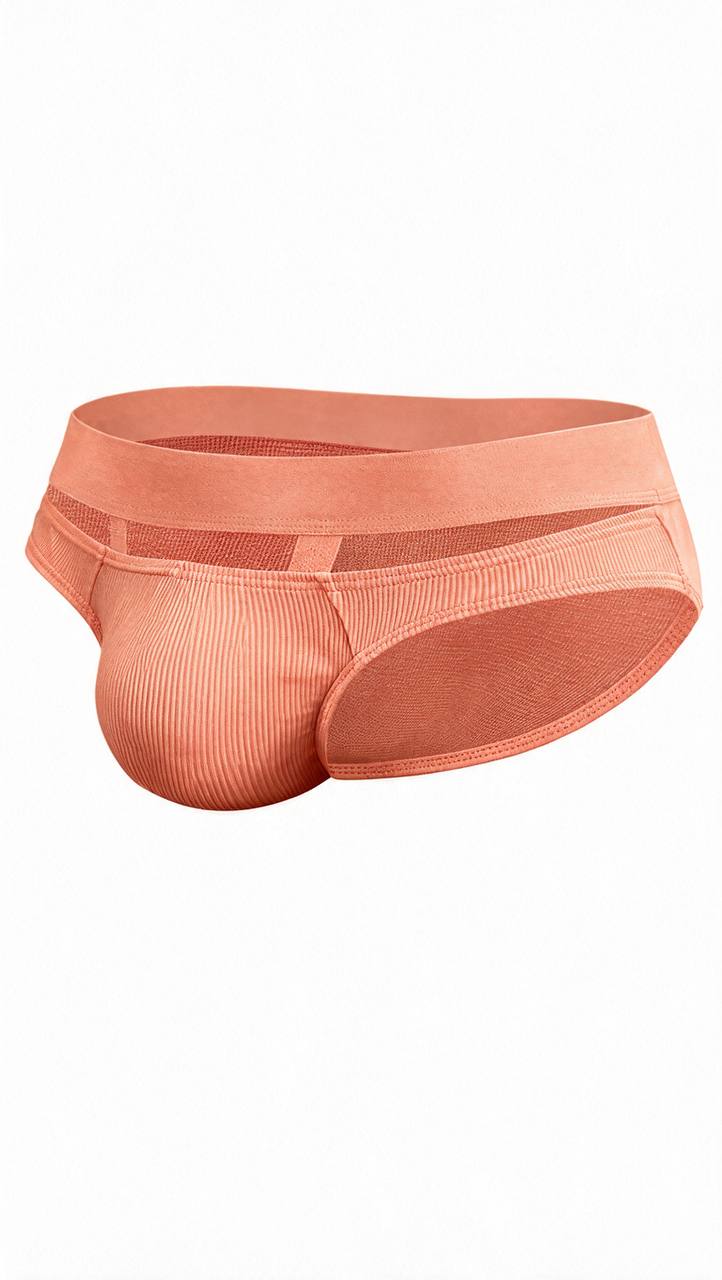 Men's Coral Briefs, Ribbed Cotton Contour Pouch Underwear, Breathable Mesh Accent Briefs, Peach Low Rise Intimates, Sexy Men's Lingerie