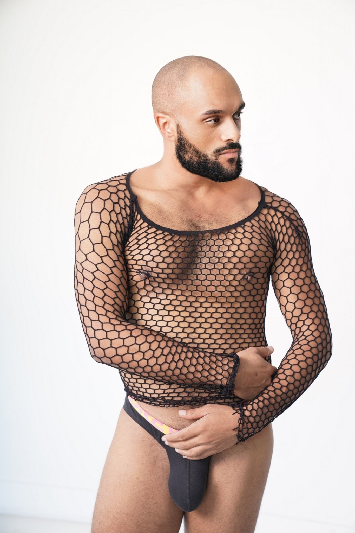 Black Fishnet Body Sock Shirt - TB-BondMenTop