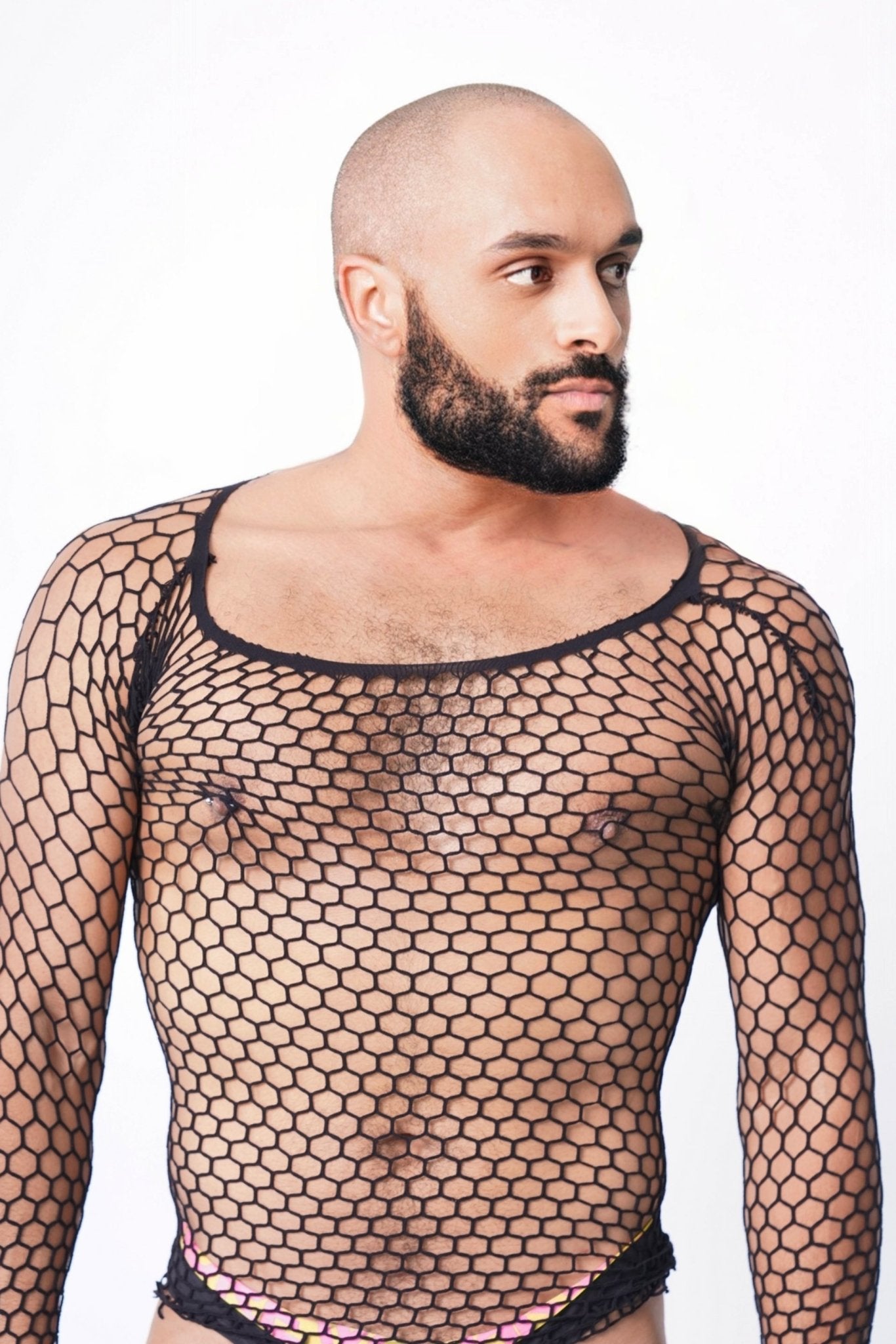 Black Fishnet Body Sock Shirt - TB-BondMenTop