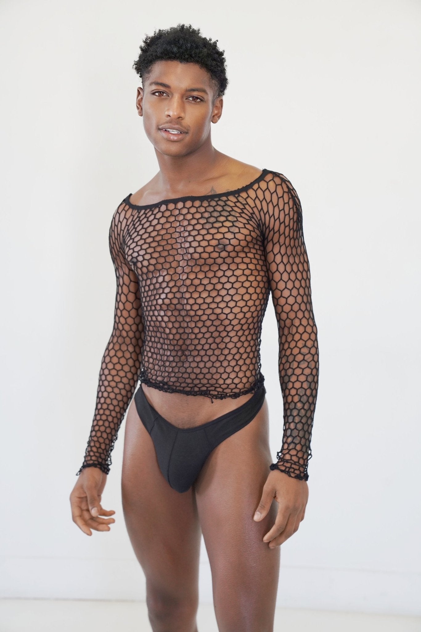 Black Fishnet Body Sock Shirt - TB-BondMenTop