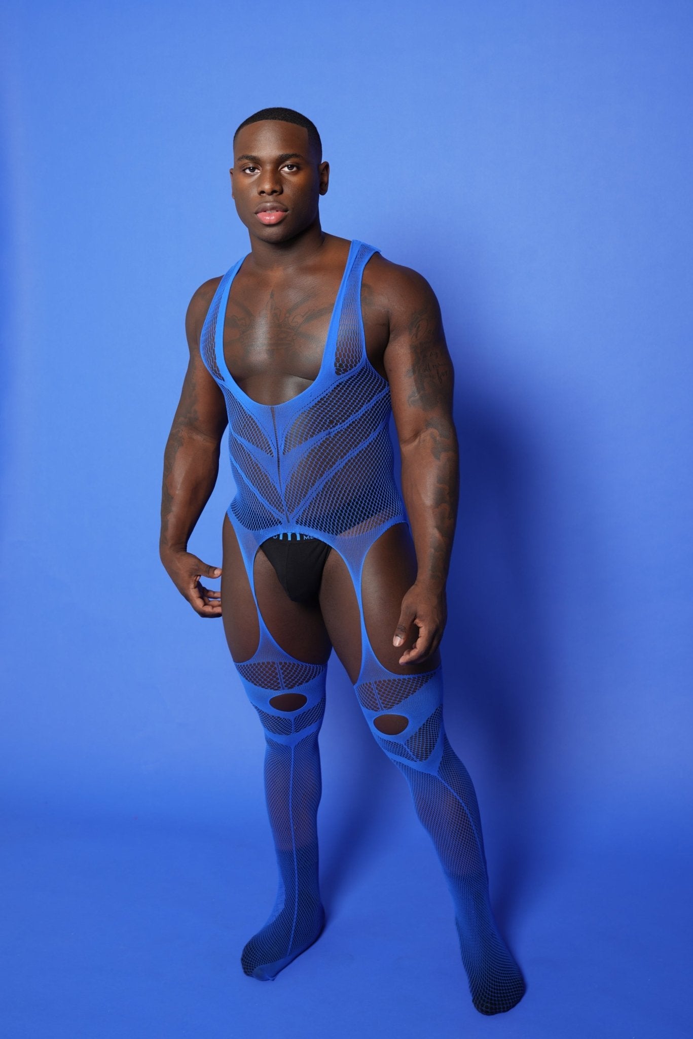 Blue Hollow Fishnet Bodysuit - TB-BondMenBody Suit