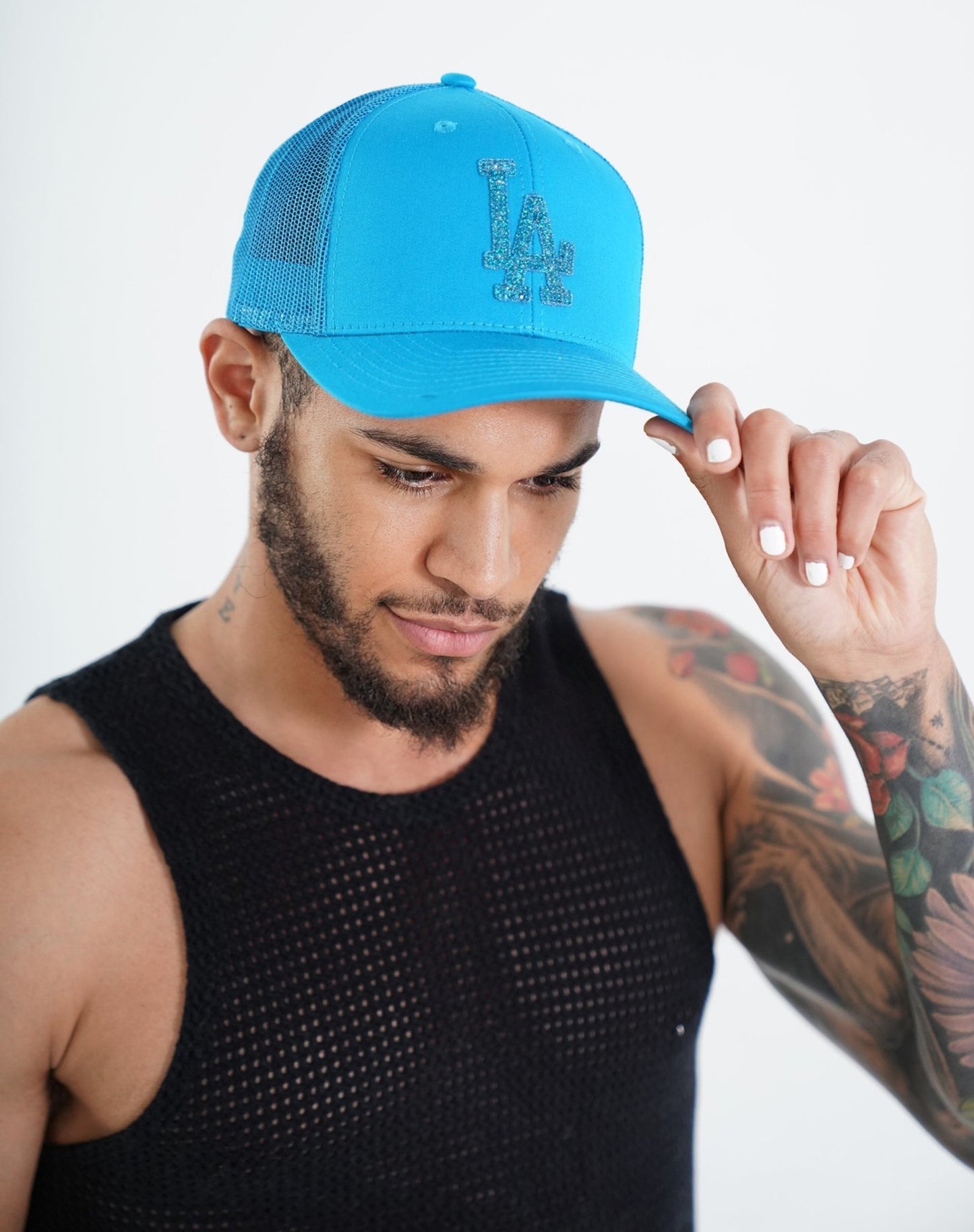 Cyan Blue LA Icon Trucker Hat, hat, hat for men