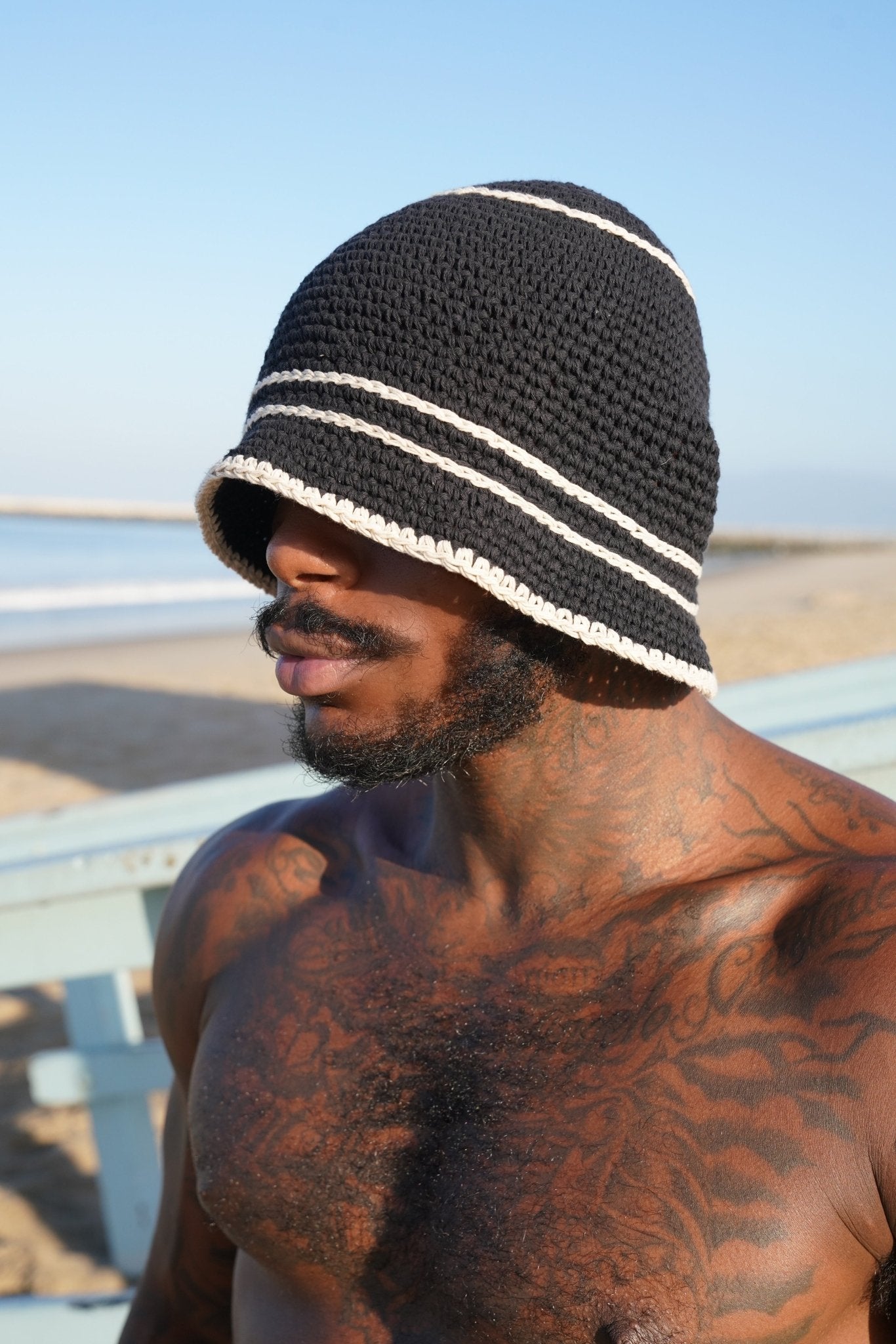 Monochrome Crochet Striped Beanie - TB-BondMenBucket hat