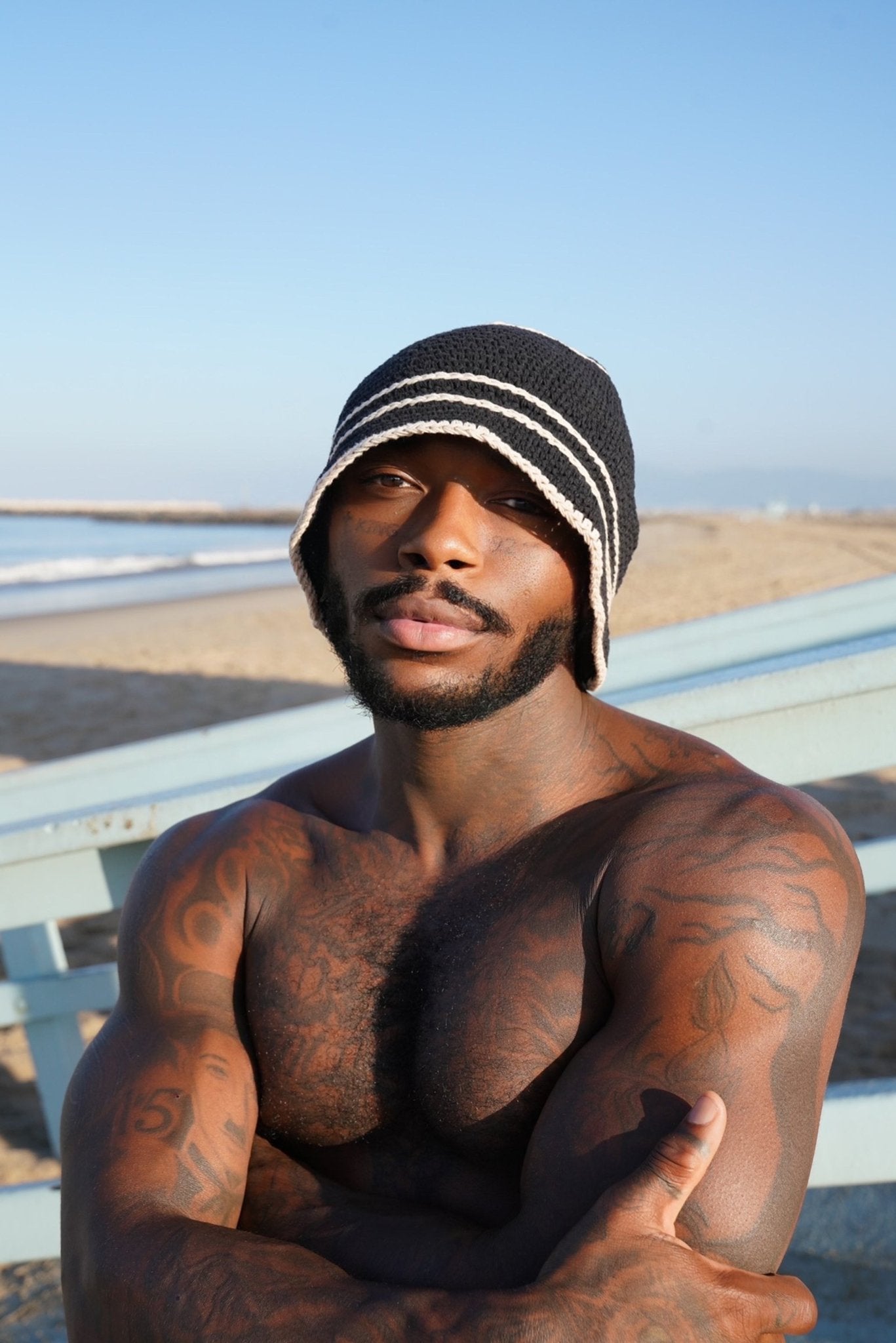 Monochrome Crochet Striped Beanie - TB-BondMenBucket hat