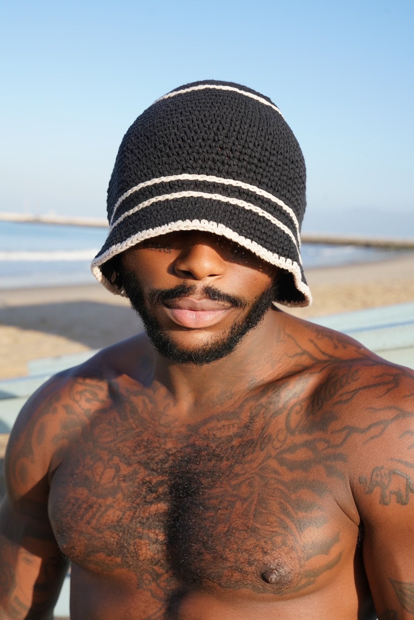 Monochrome Crochet Striped Beanie - TB-BondMenBucket hat
