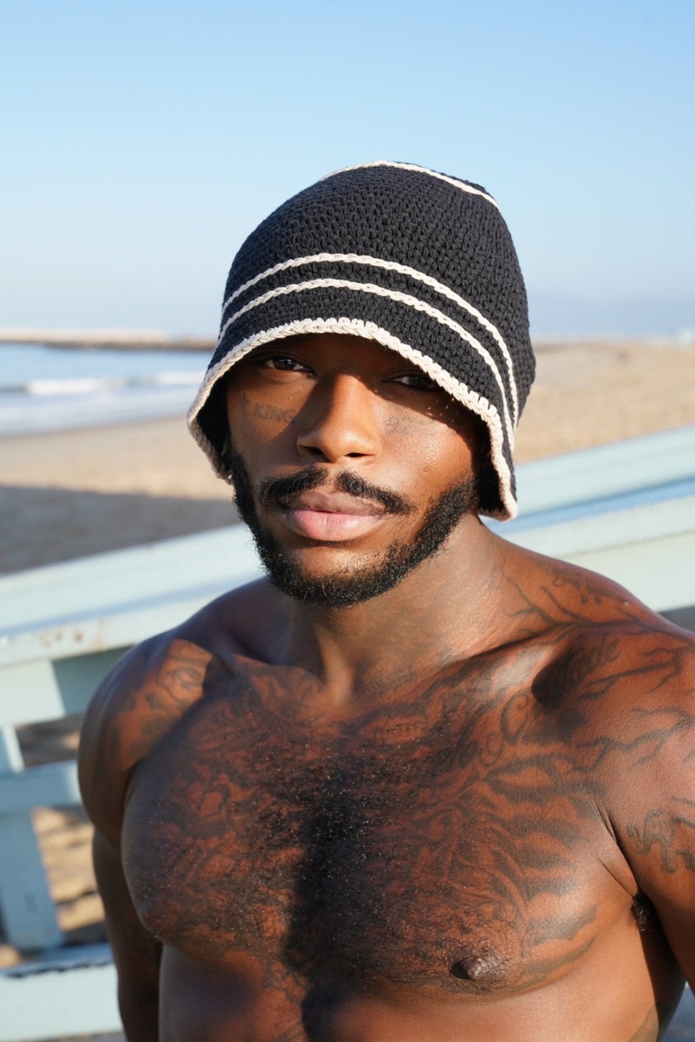Monochrome Crochet Striped Beanie - TB-BondMenBucket hat
