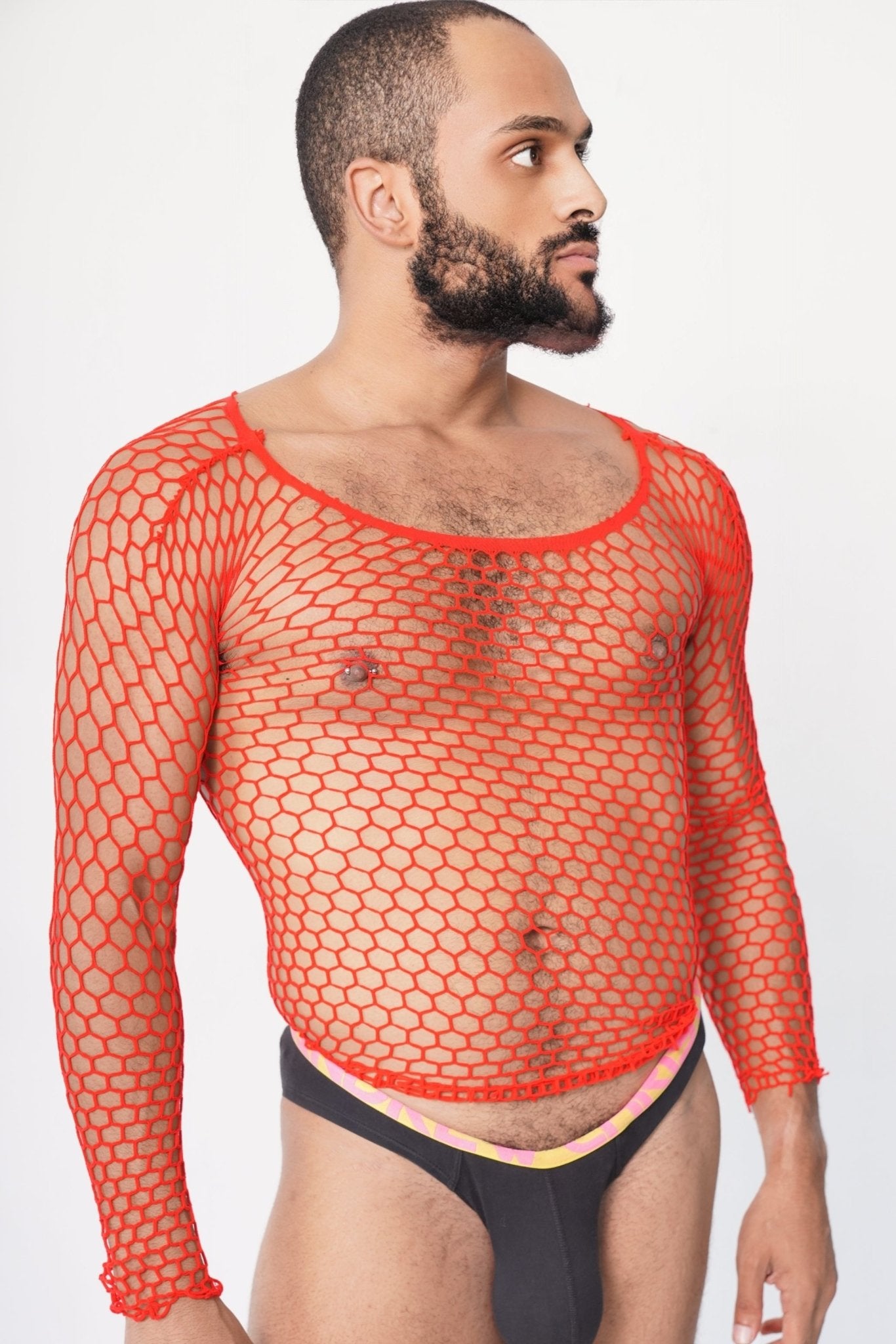 Red Fishnet Body Sock Shirt on model, fishnet top, Comfortable men's top