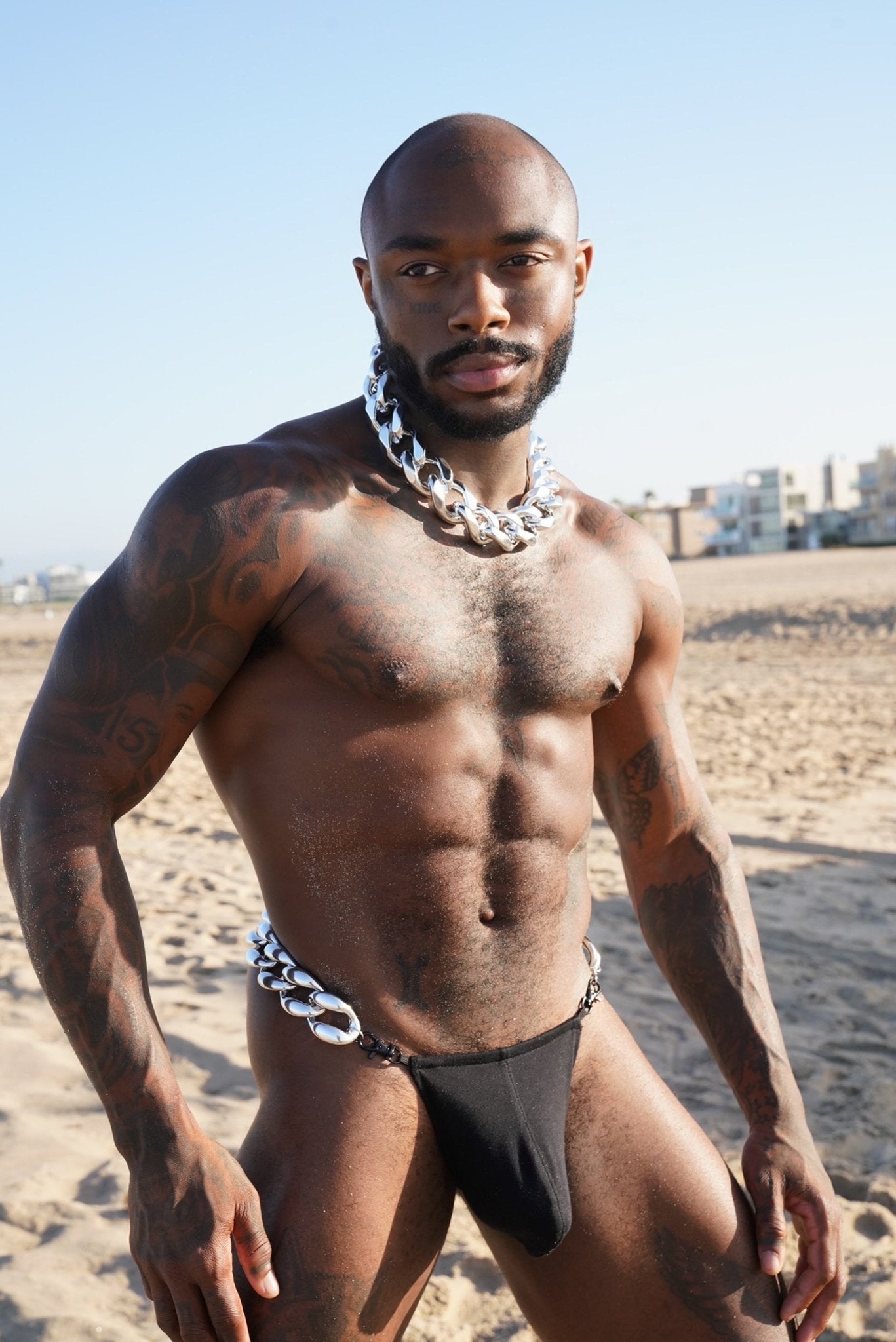 Wide Silver Chunky Chain Black Cotton G String - TB-BondMenThongs
