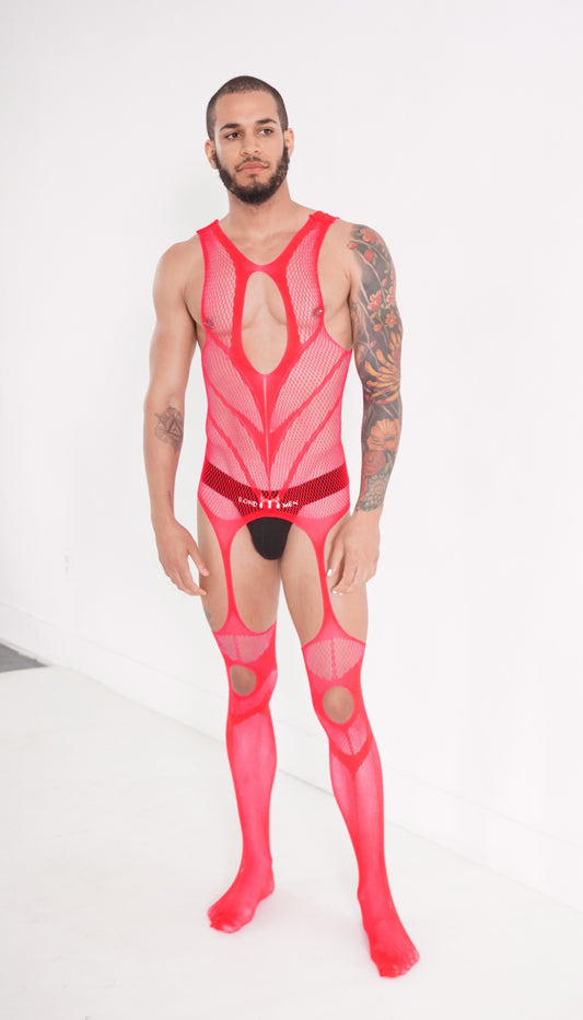 Red Hollow Fishnet Bodysuit