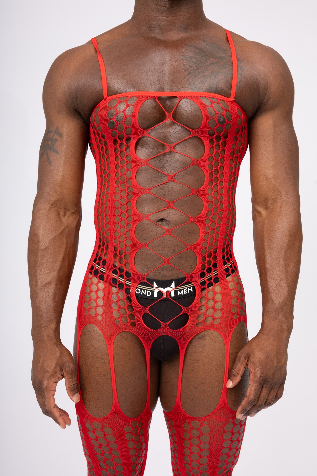 Red Garter Fishnet Bodysuit Breathable Stretchable Layering Outfit