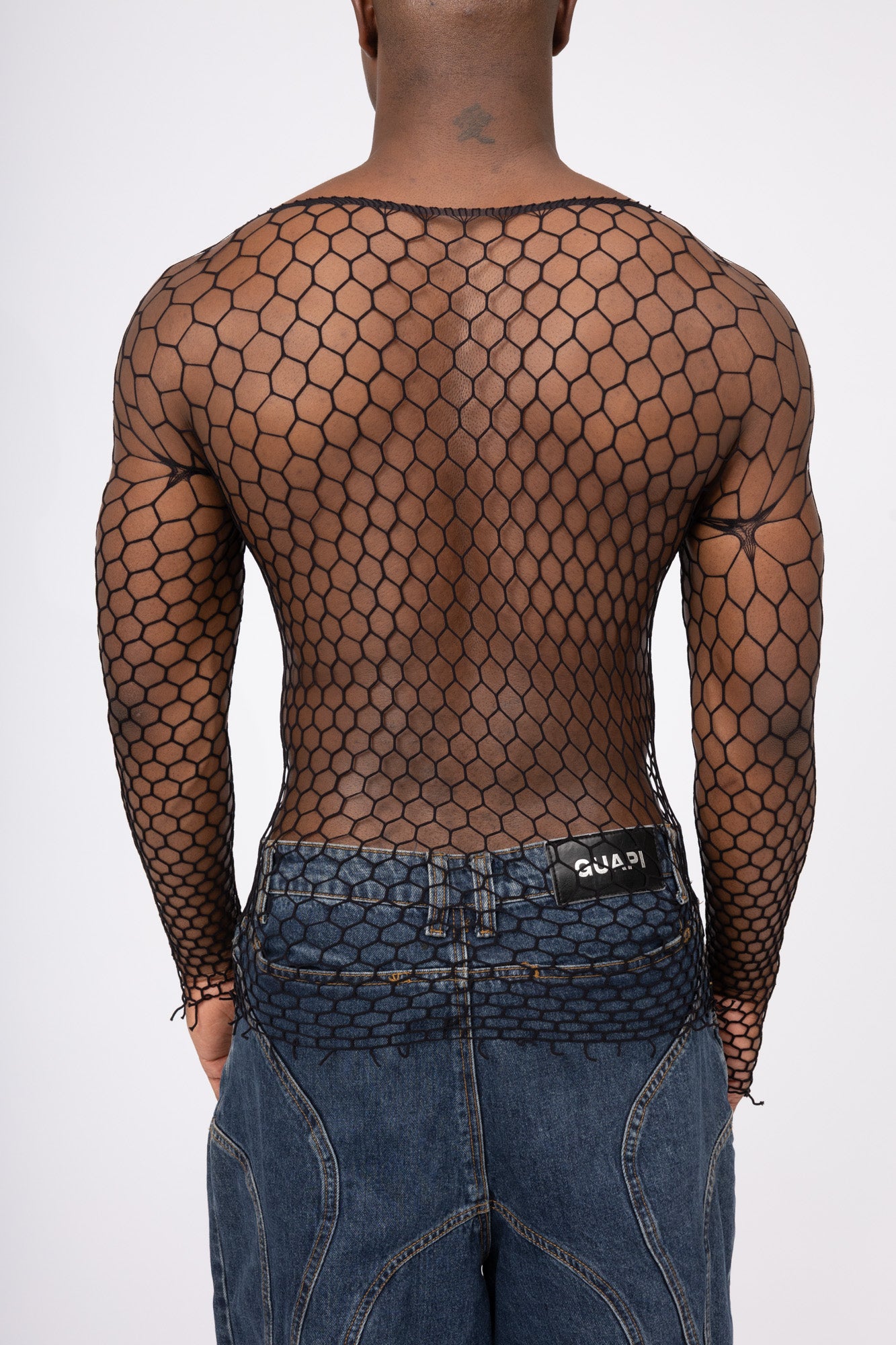 Black Fishnet Mesh Body Sock Shirt Men Club Wear