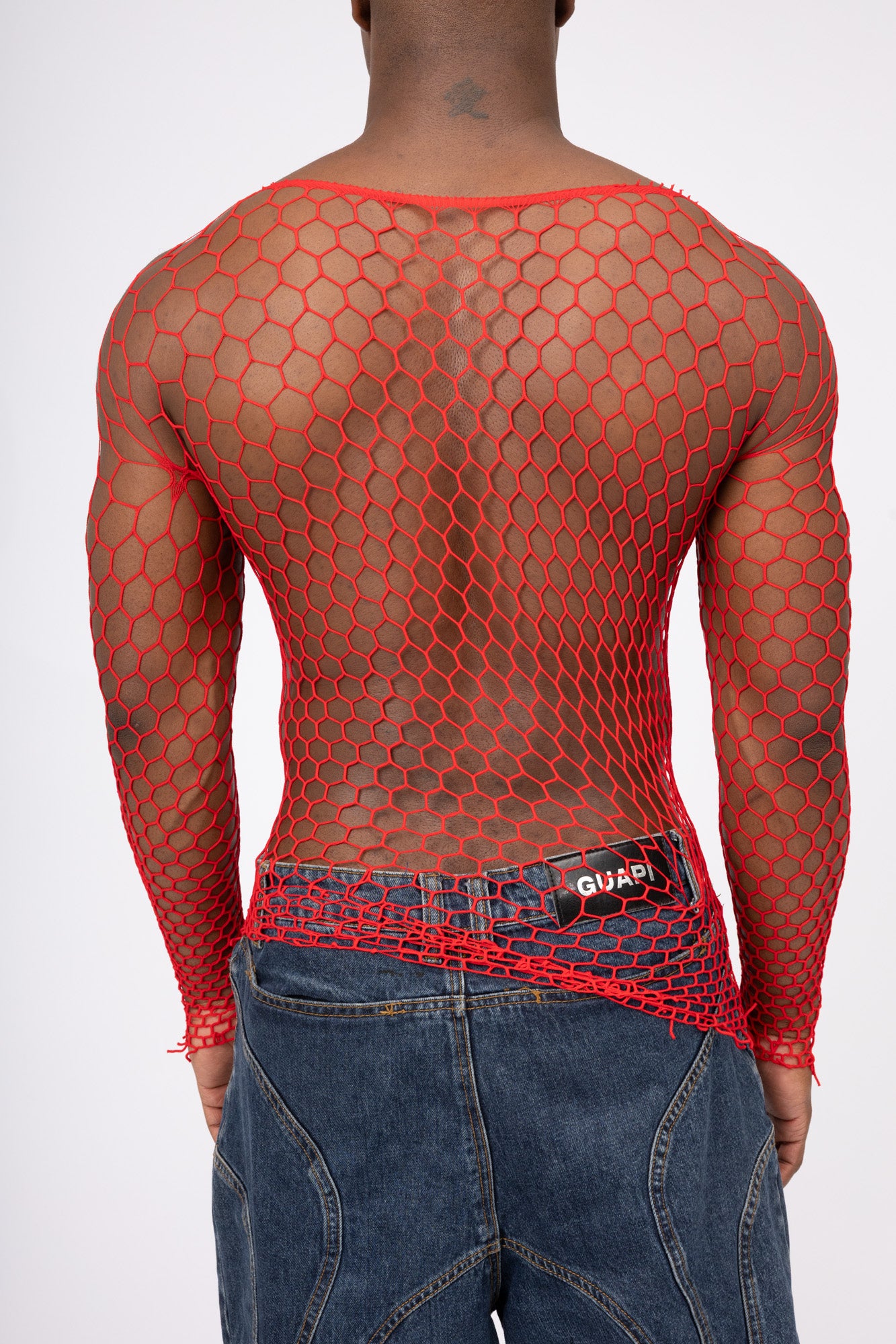 Red Fishnet Mesh Body Sock Shirt Men Club Wear