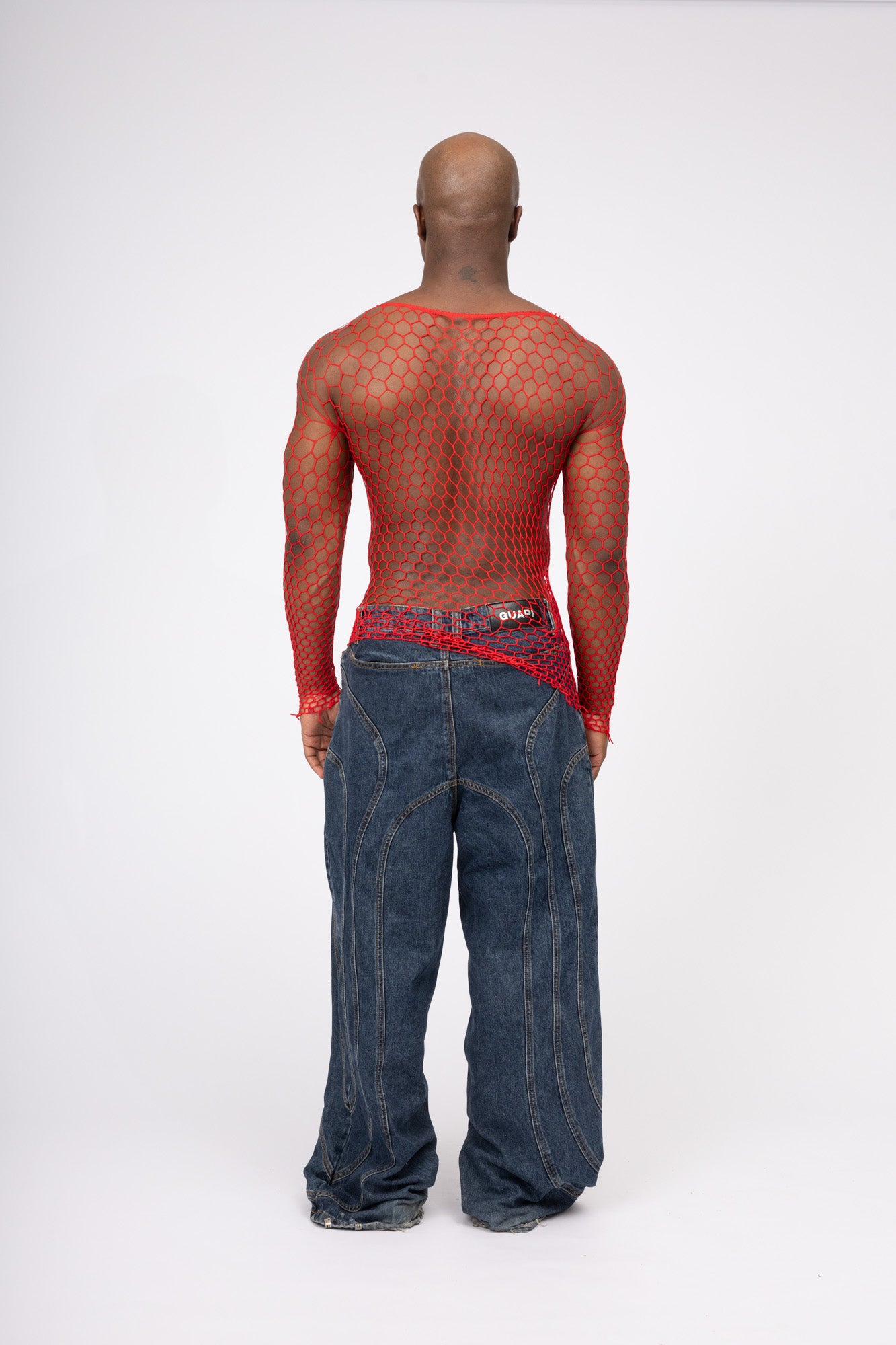 Red Fishnet Mesh Body Sock Shirt Men Club Wear
