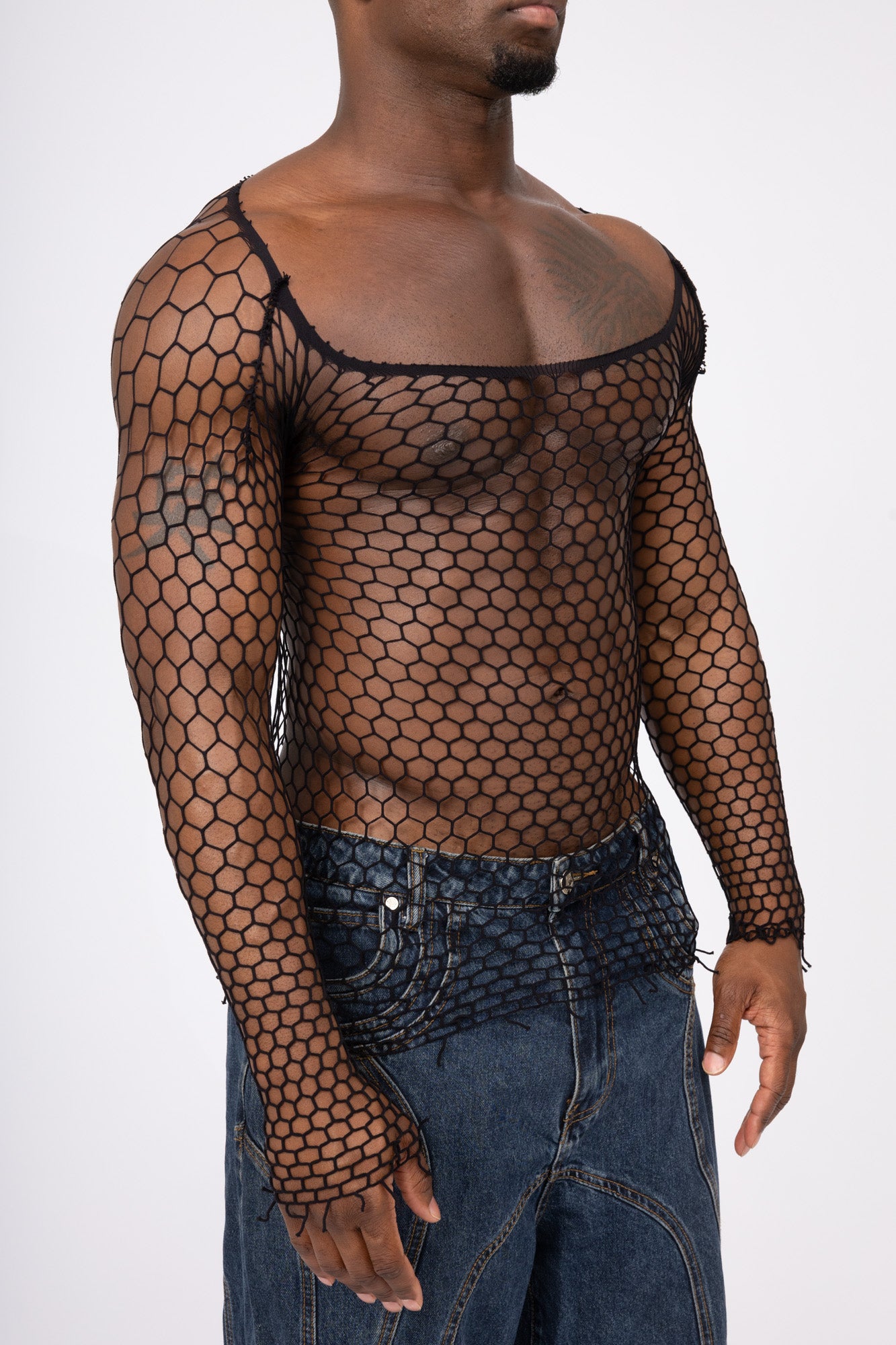 Black Fishnet Mesh Body Sock Shirt Men Club Wear