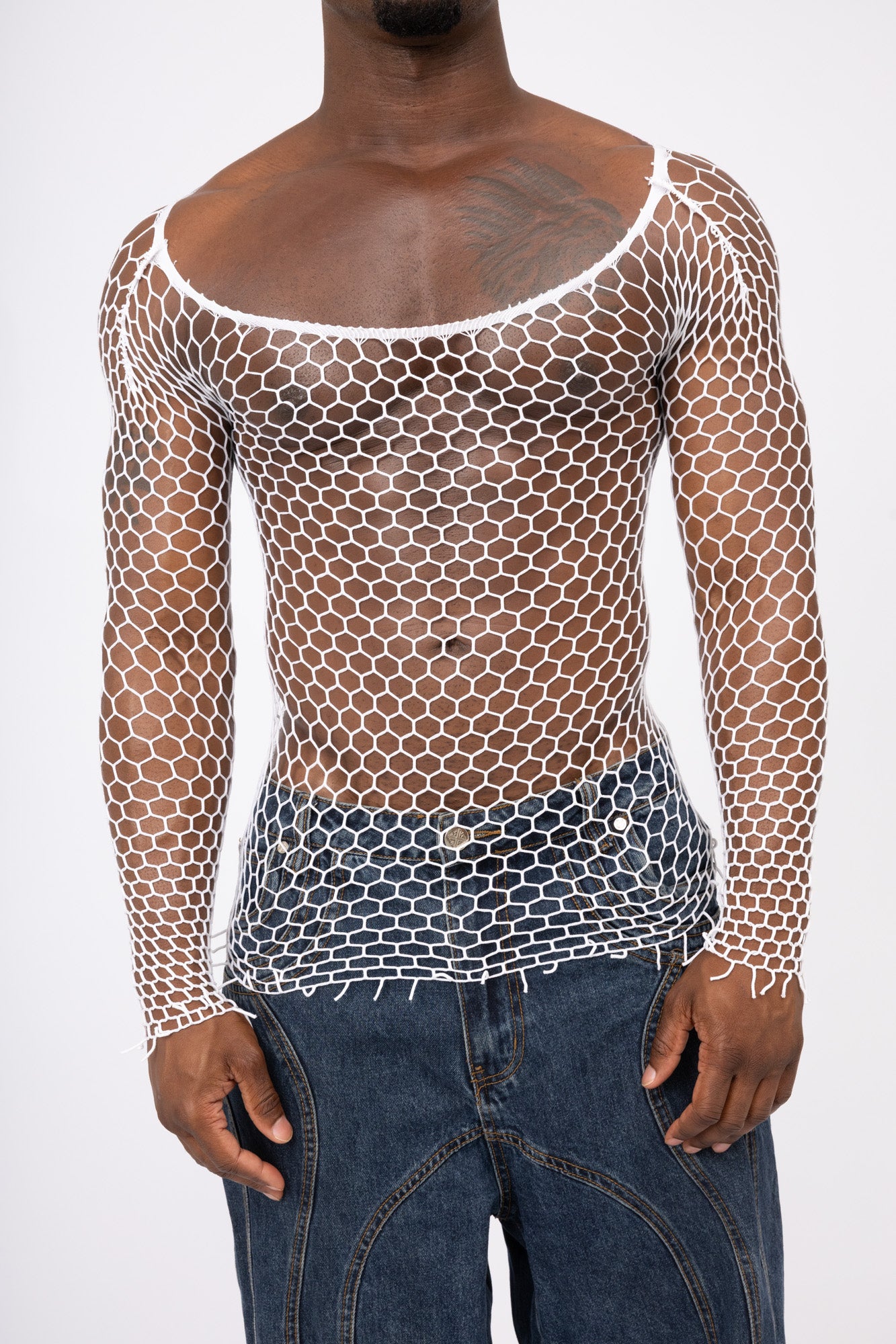 Black Fishnet Mesh Body Sock Shirt Men Club Wear