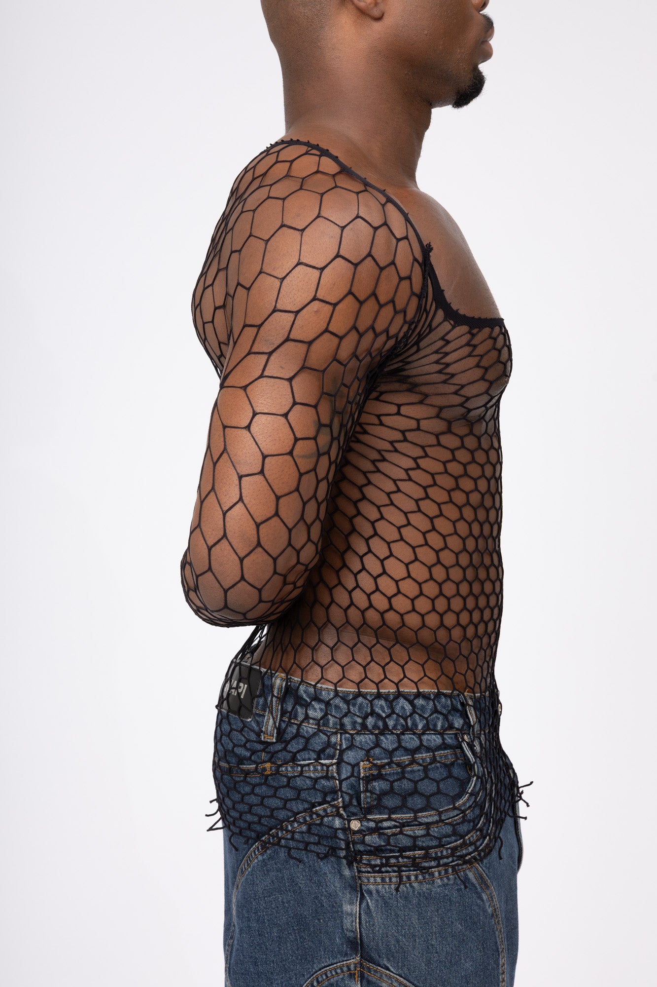 Black Fishnet Mesh Body Sock Shirt Men Club Wear