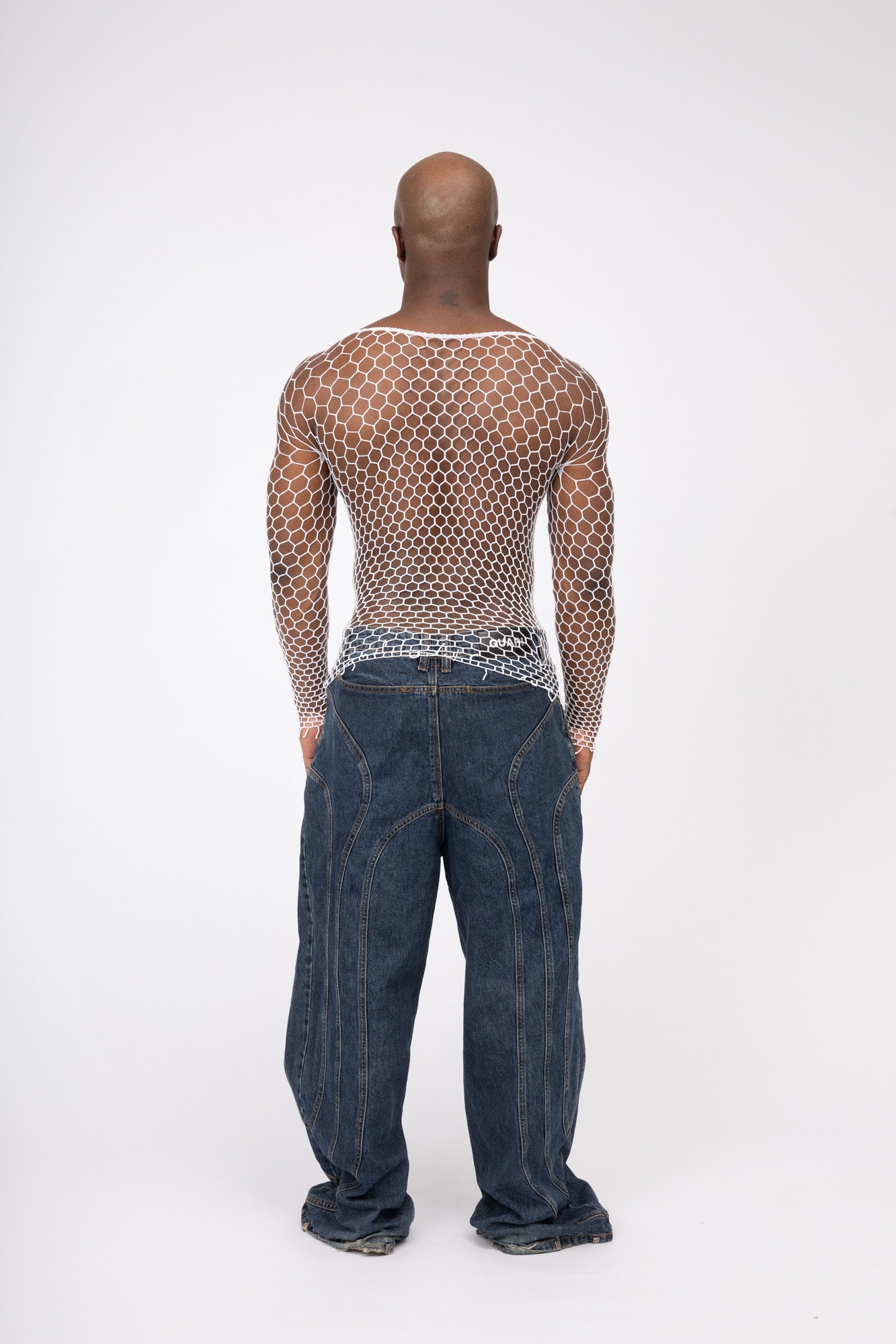 White Fishnet Mesh Body Sock Shirt Men Club Wear