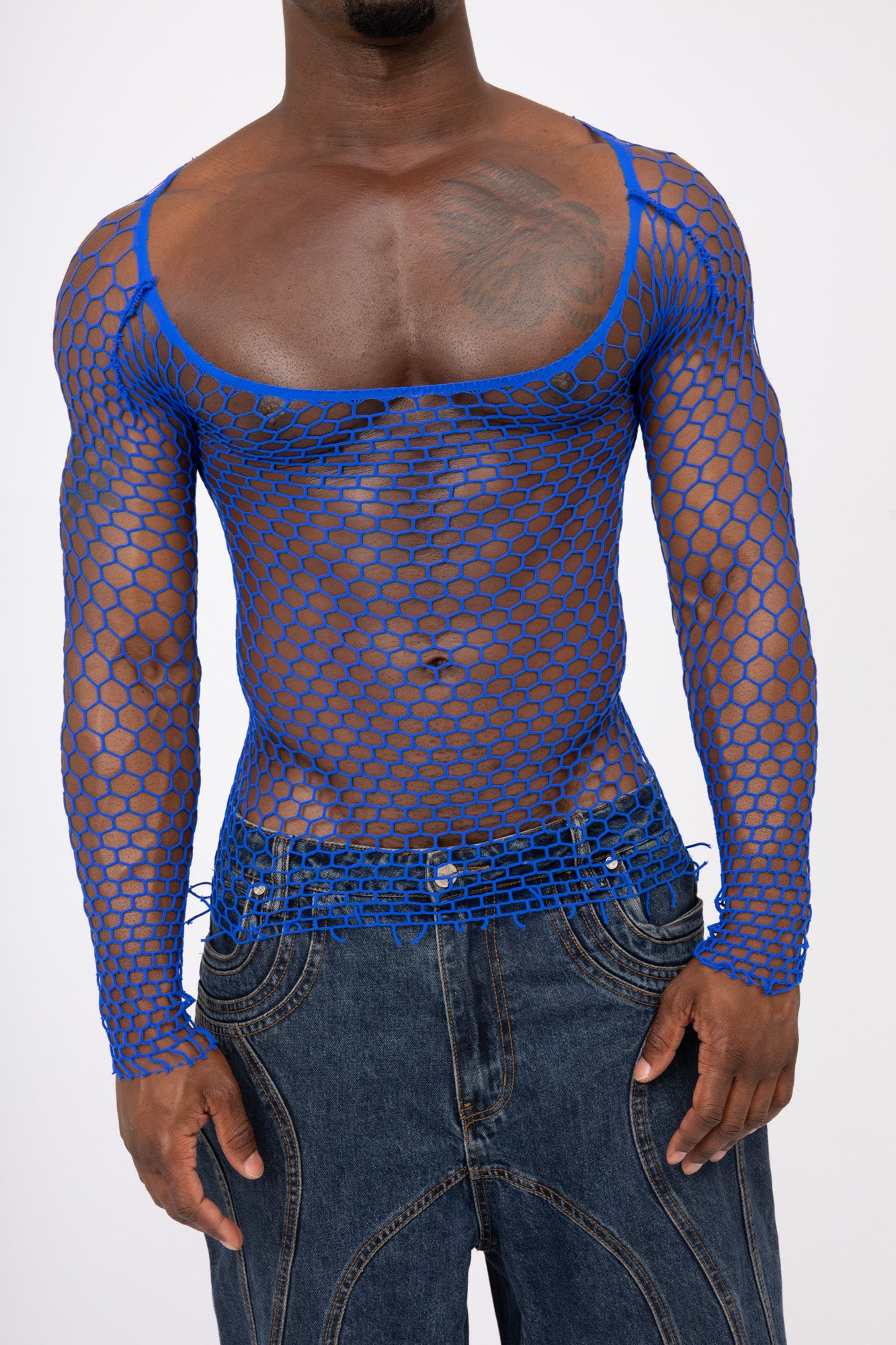 Black Fishnet Mesh Body Sock Shirt Men Club Wear