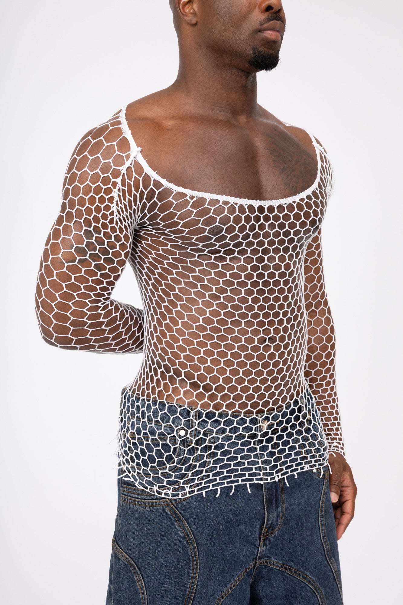 White Fishnet Mesh Body Sock Shirt Men Club Wear