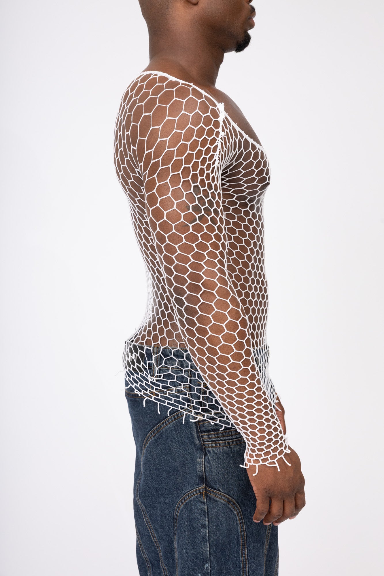 White Fishnet Mesh Body Sock Shirt Men Club Wear