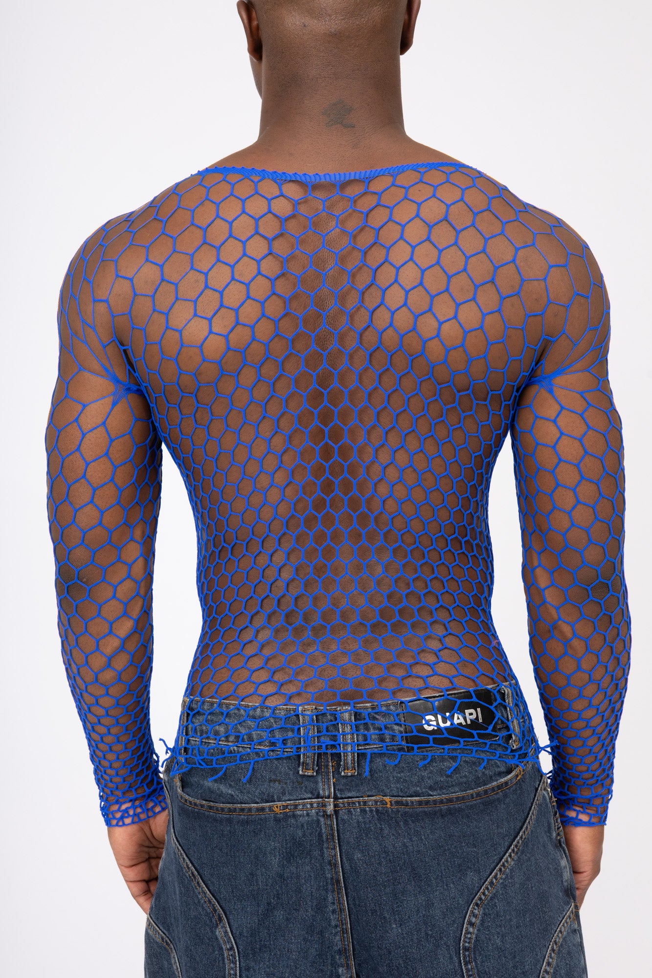 Blue Fishnet Mesh Body Sock Shirt Men Club Wear