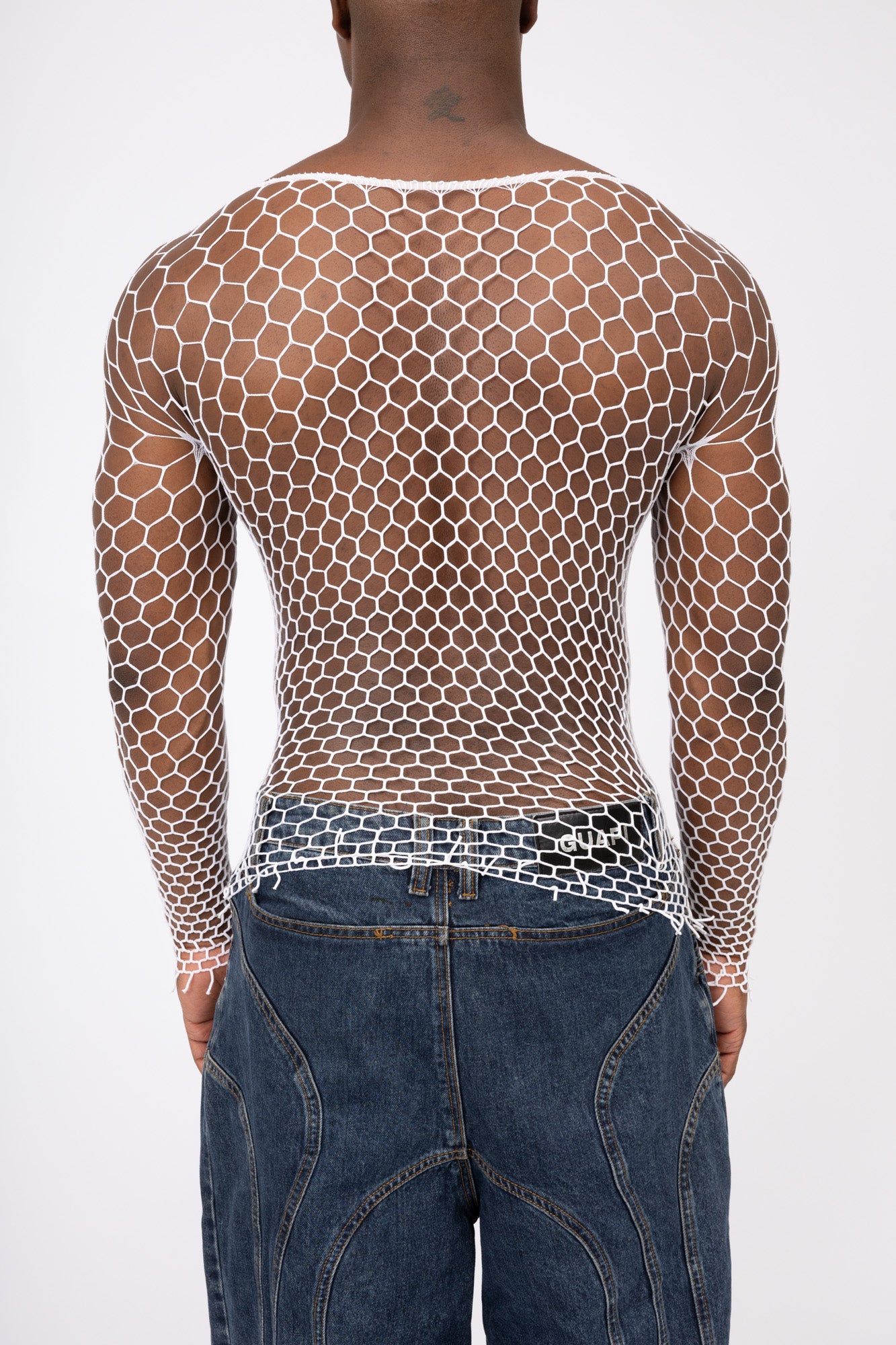 White Fishnet Mesh Body Sock Shirt Men Club Wear