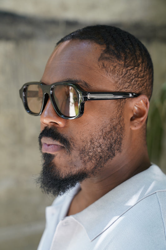 Black Retro Square Sunglasses – Transparent Frame with Brown Lens