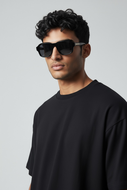 Classy Black Aviator Square Sunglasses | Unisex Oversized Shades | Vintage Transparent Frame UV400 Protection Eyewear