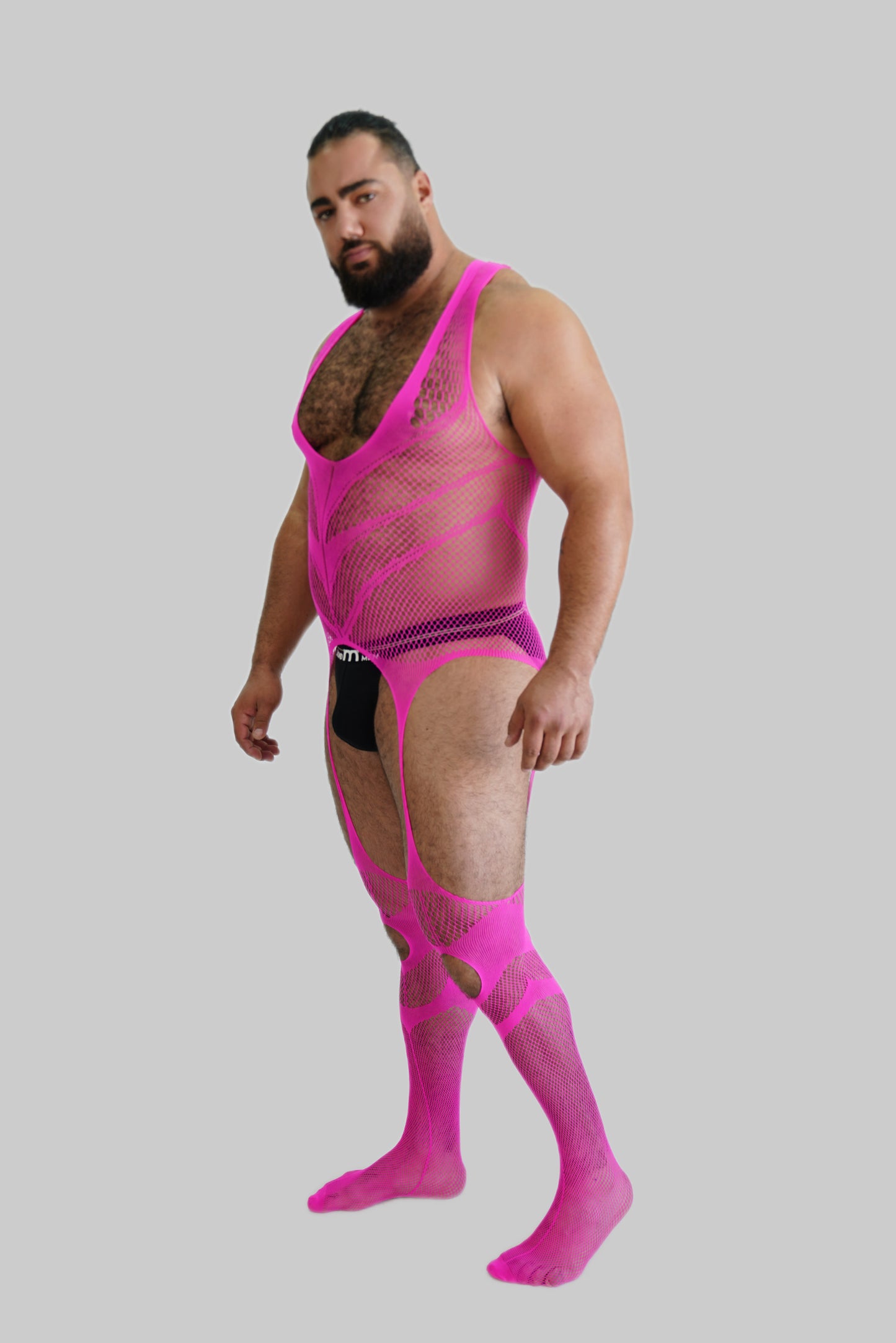 Pink Hollow Fishnet Bodysuit