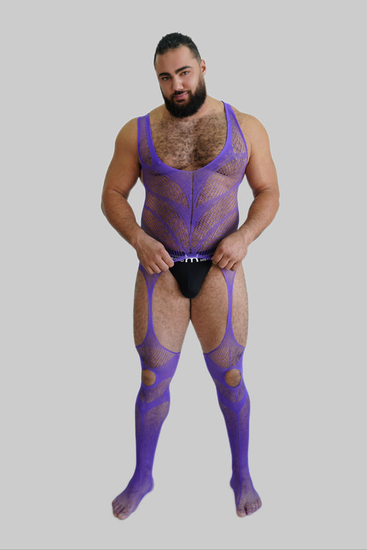 Purple Hollow Fishnet Bodysuit