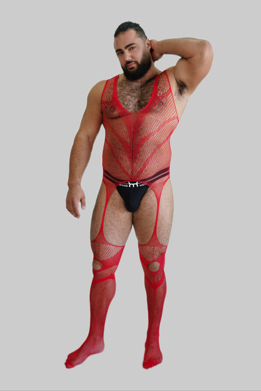 Red Hollow Fishnet Bodysuit