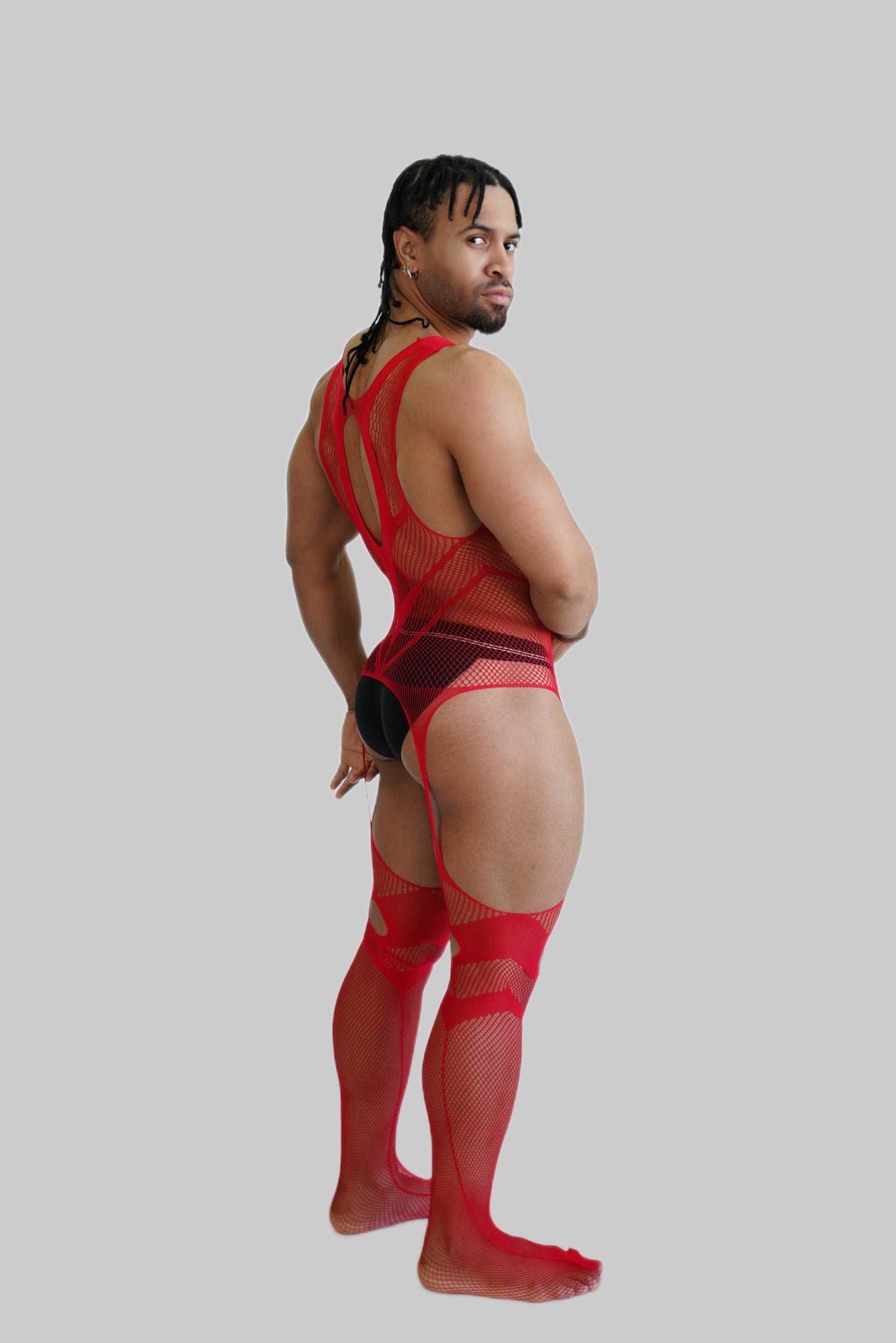 Red Hollow Fishnet Bodysuit