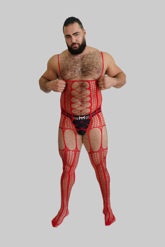 Red Garter Fishnet Bodysuit