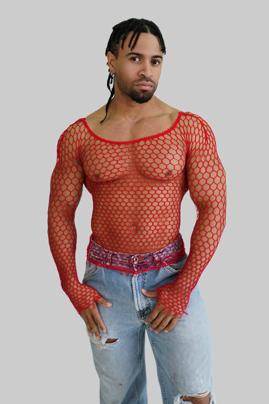 Red Fishnet Body Sock Shirt