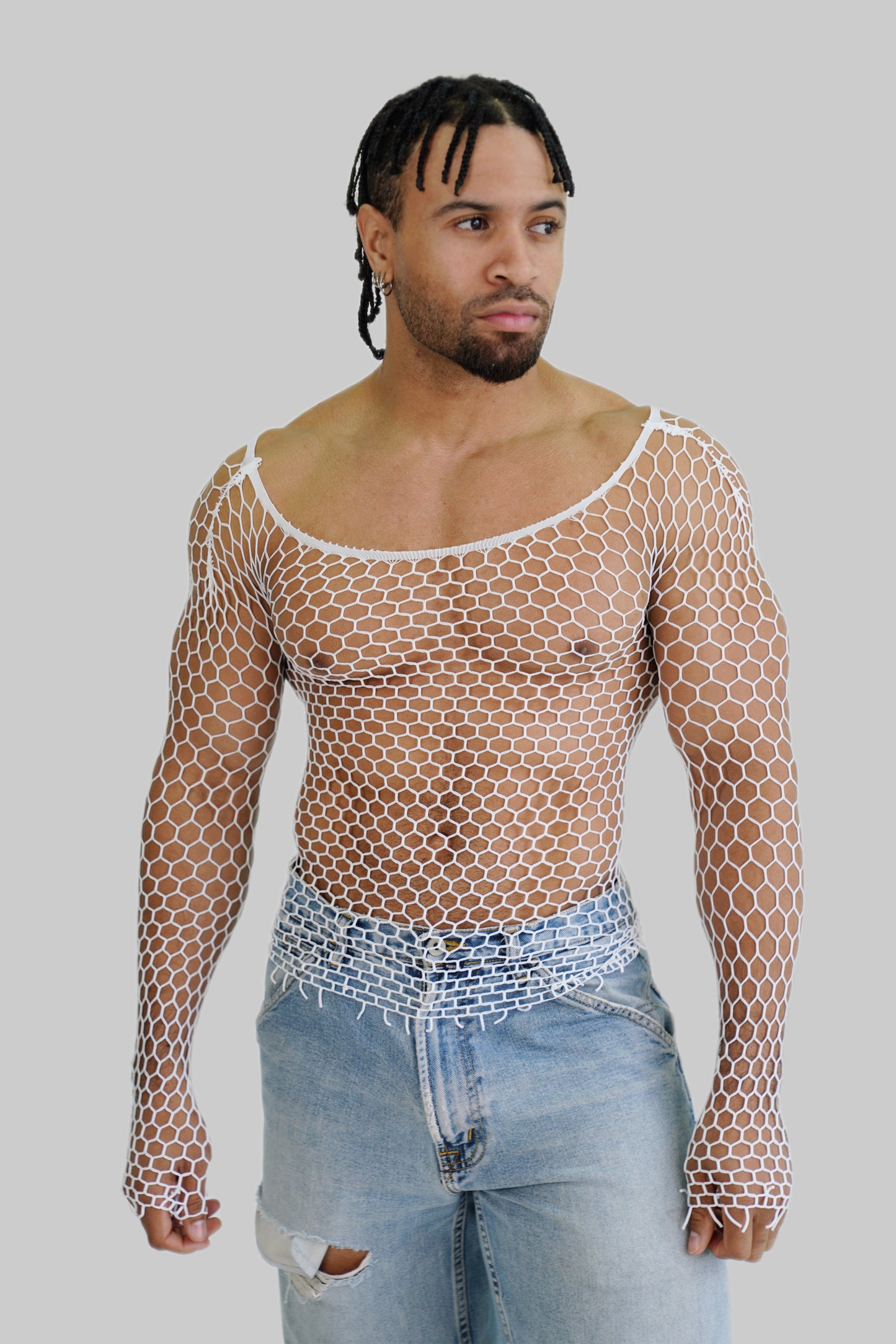 Men's White Mesh Fishnet Long Sleeve Body Sock See-through Shirt Top