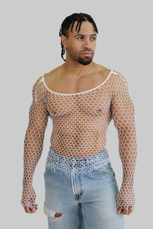 Men's White Mesh Fishnet Long Sleeve Body Sock See-through Shirt Top