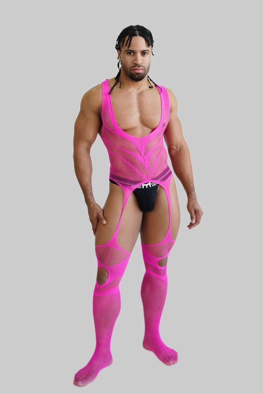 Pink Hollow Fishnet Bodysuit