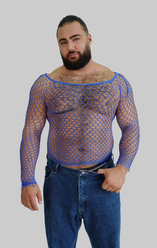 Men's Blue Fishnet Mesh Long Sleeve Tee Tops Bodysuit Stretchable