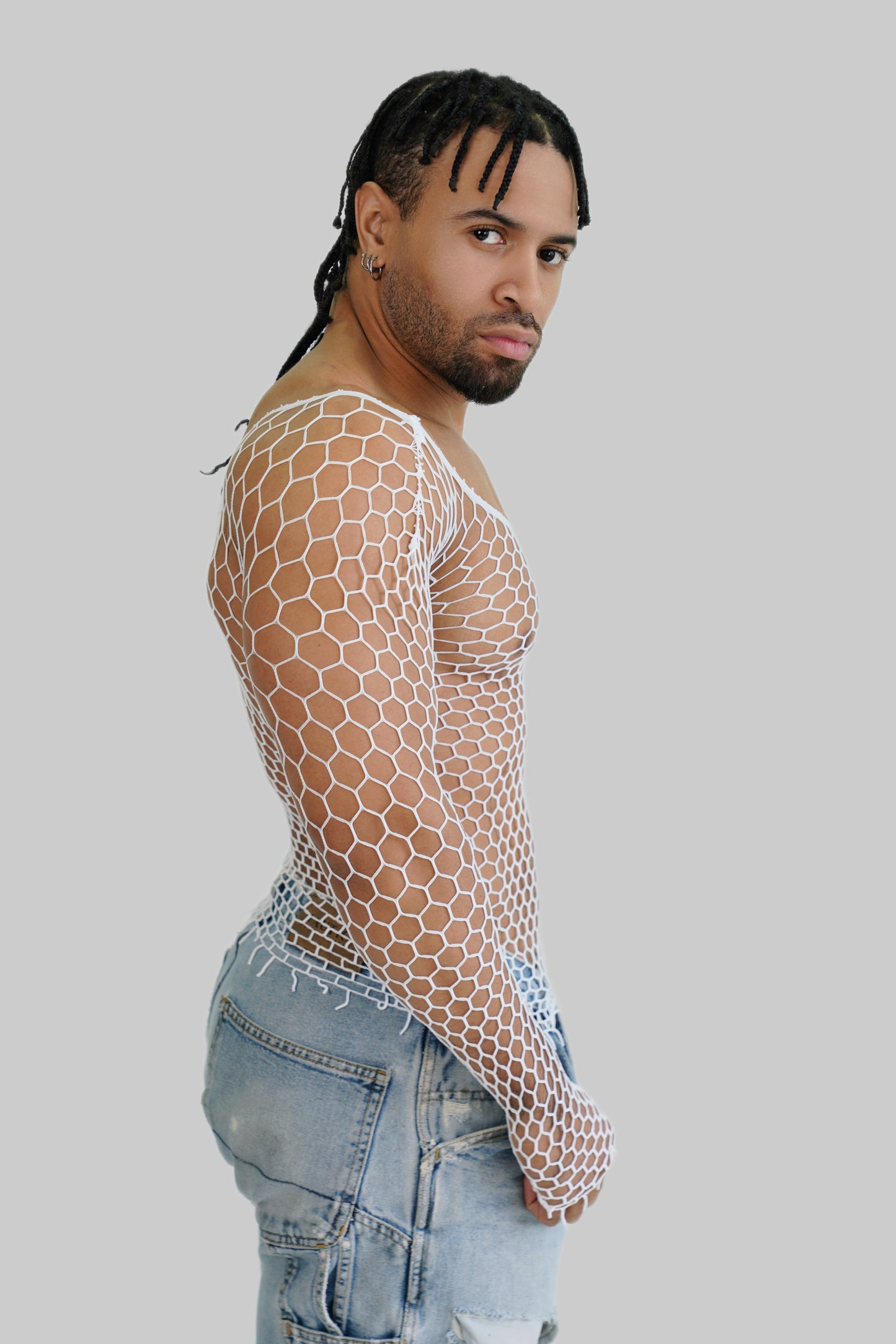 Men's White Mesh Fishnet Long Sleeve Body Sock See-through Shirt Top