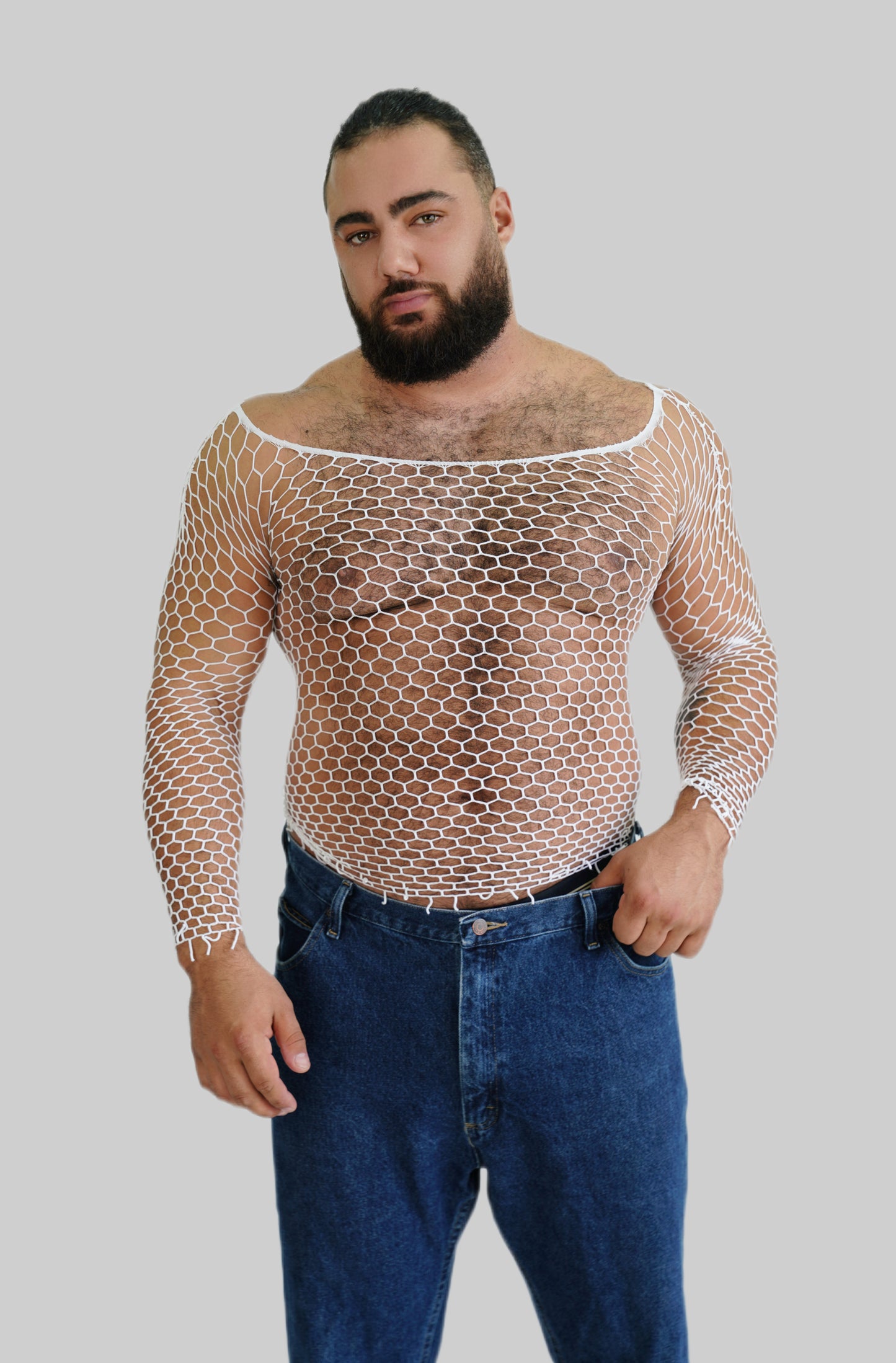 Men's White Mesh Fishnet Long Sleeve Body Sock See-through Shirt Top