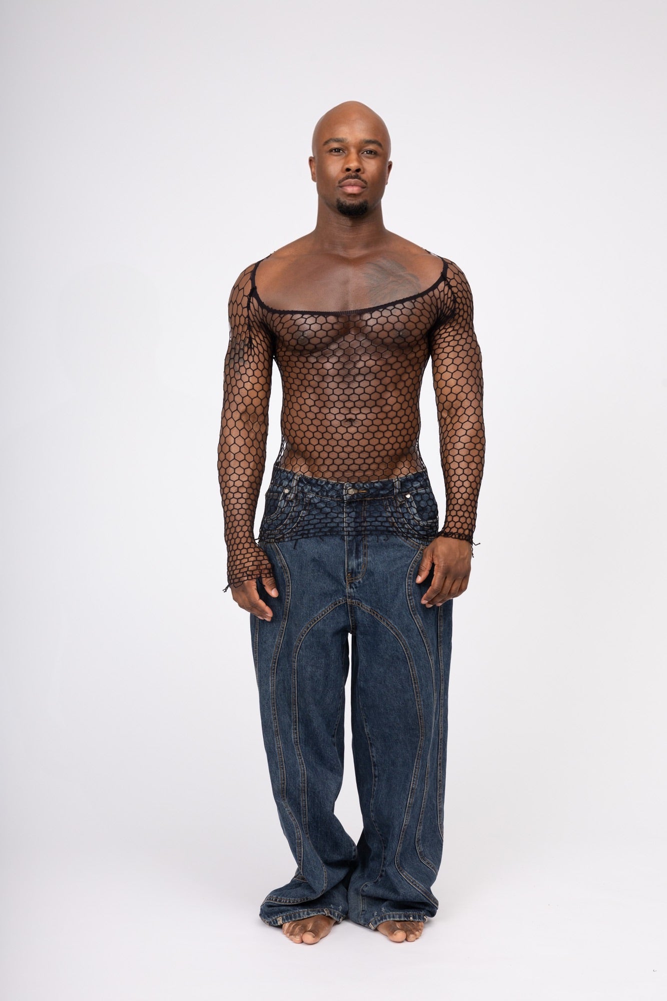 Black Fishnet Mesh Body Sock Shirt Men Club Wear