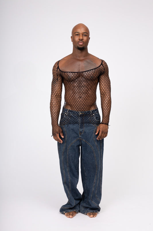Black Fishnet Mesh Body Sock Shirt Men Club Wear