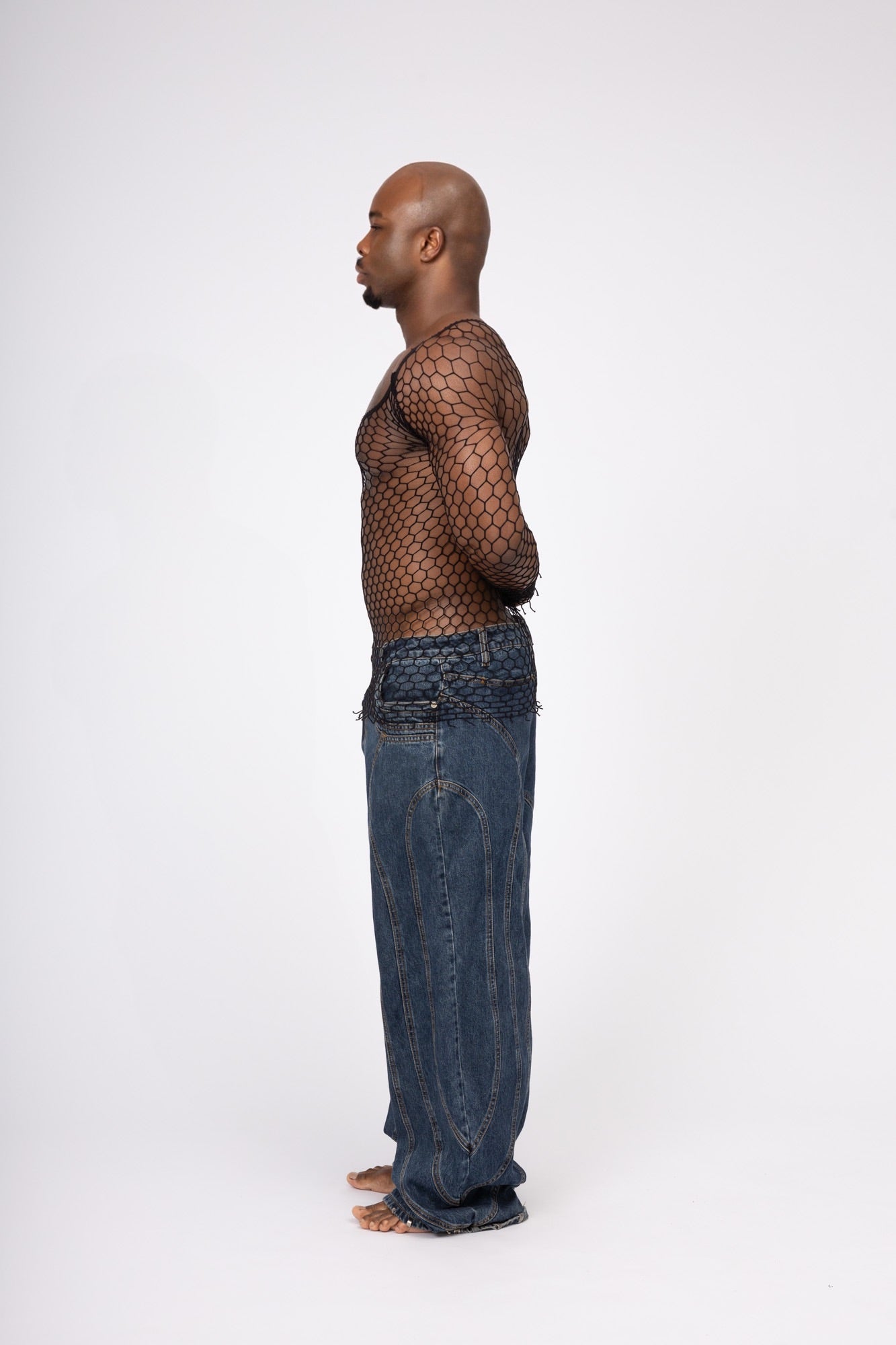 Black Fishnet Mesh Body Sock Shirt Men Club Wear