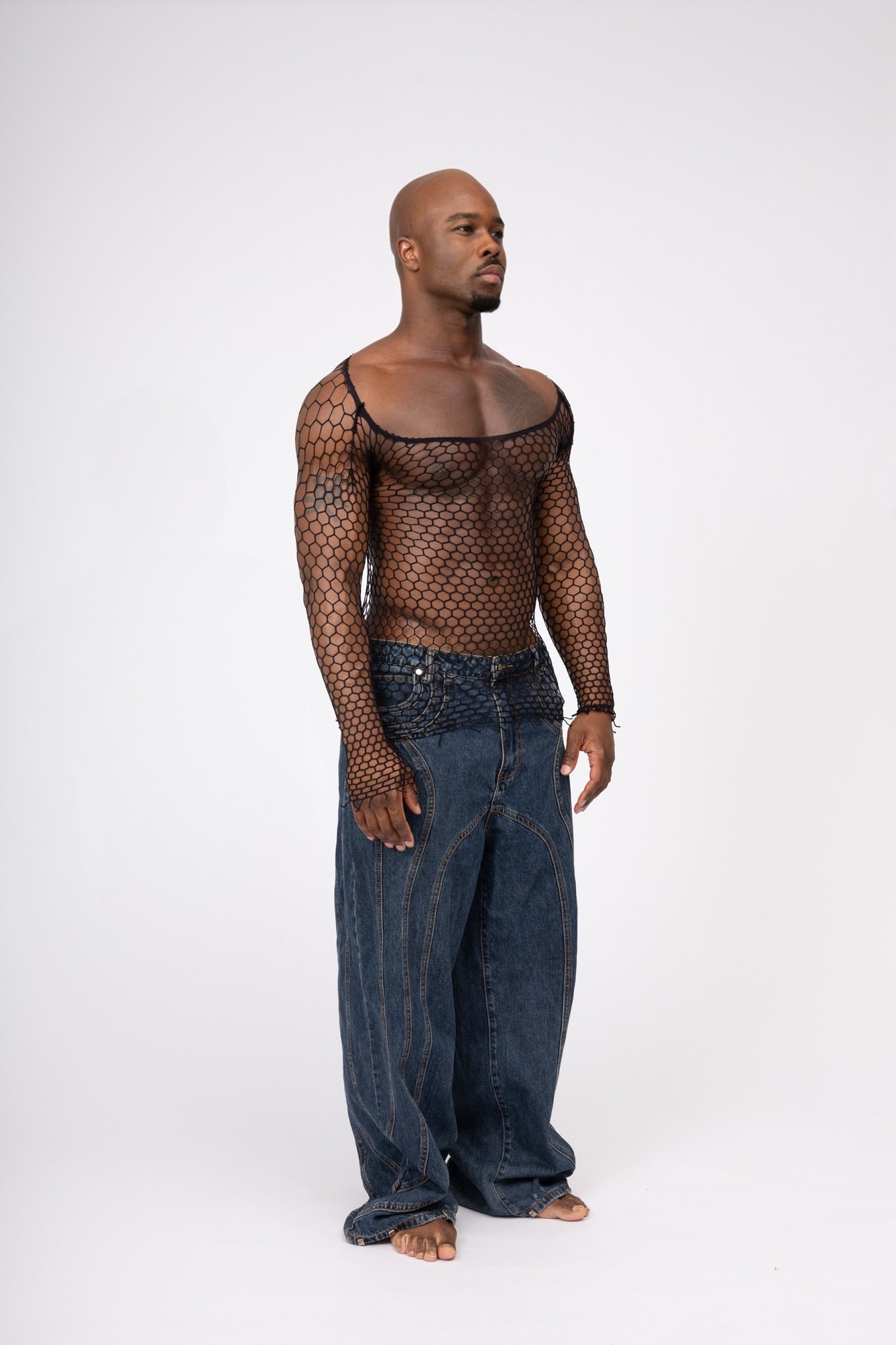 Black Fishnet Mesh Body Sock Shirt Men Club Wear